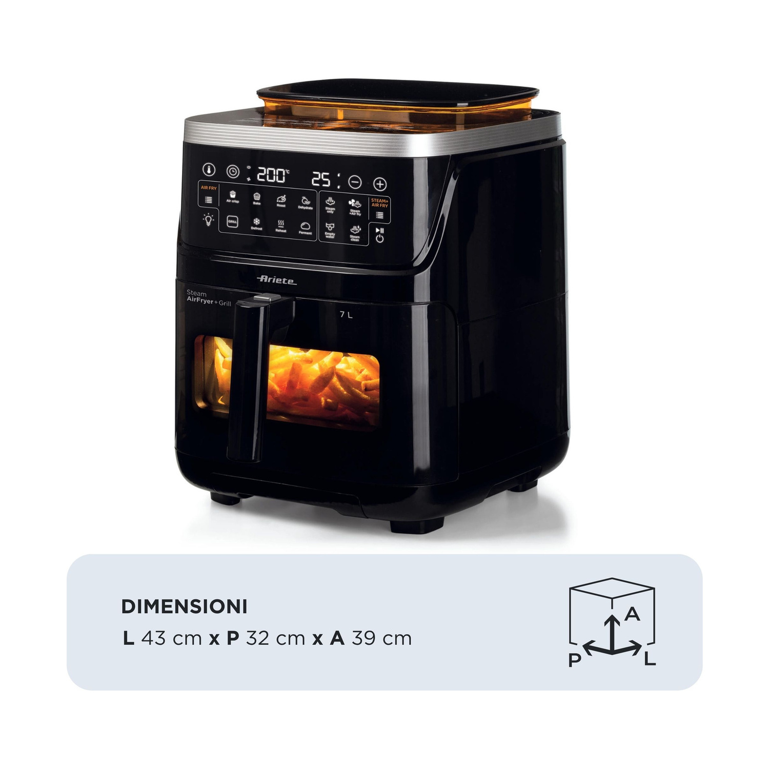 Friggitrice ad aria nera Ariete con display digitale e oblò, dimensioni 43x32x39 cm.