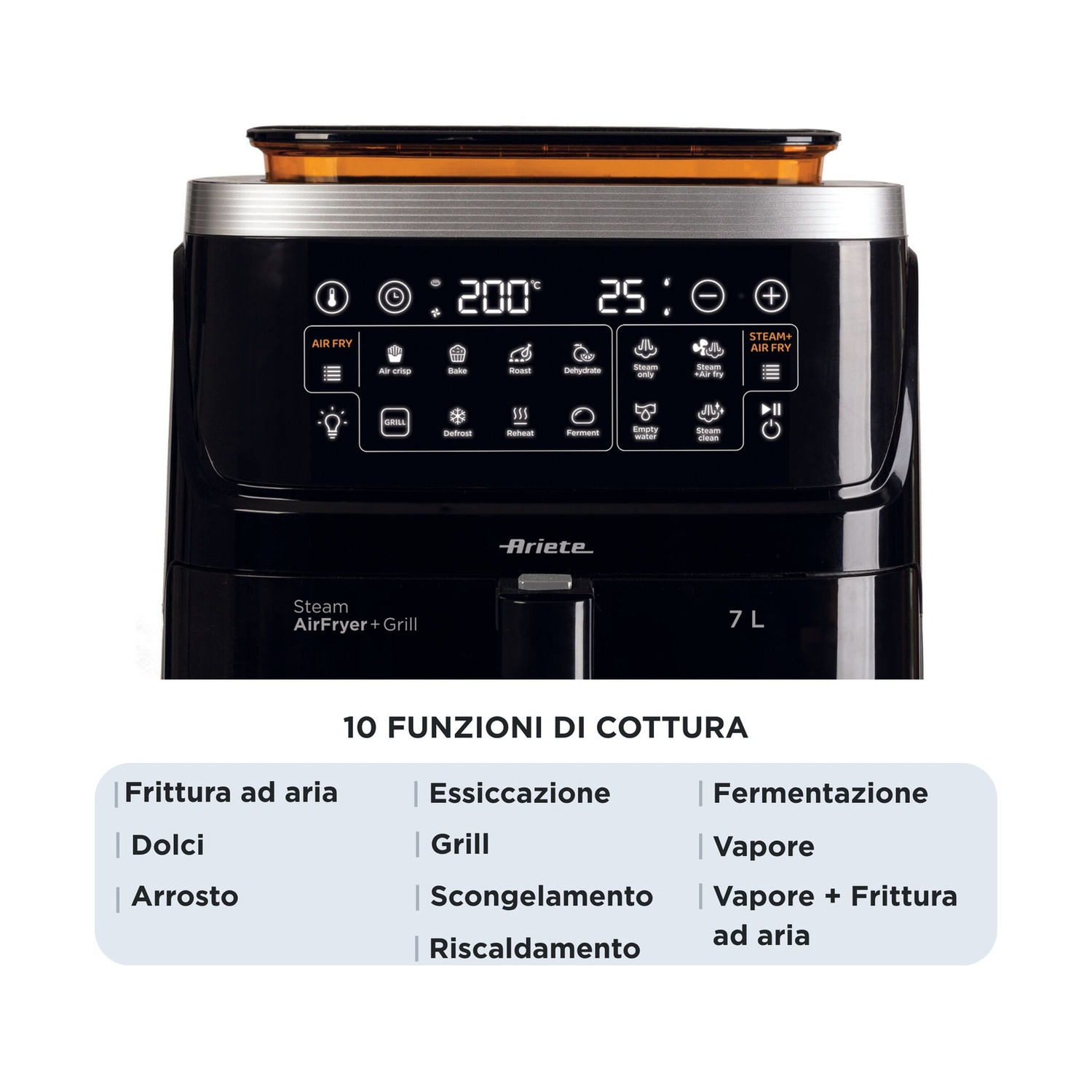 Pannello di controllo di una friggitrice ad aria Ariete nera con dieci funzioni elencate.