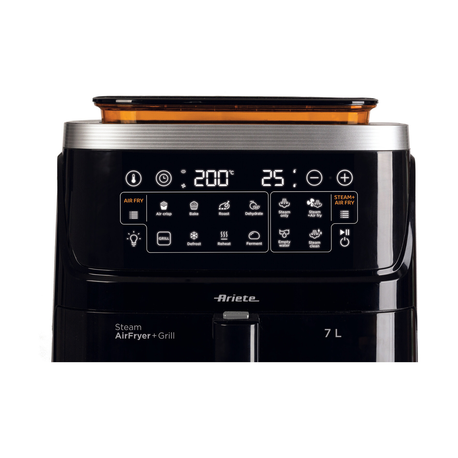 Primo piano del pannello di controllo digitale nero di una Ariete 7L Steam AirFryer & Grill con icone retroilluminate.
