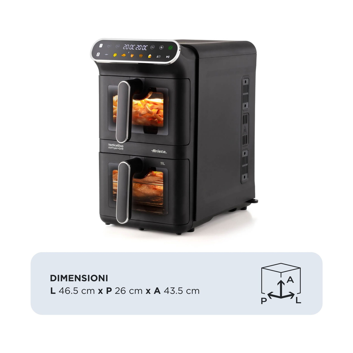ARIETE AIRFRYER DOPPIA VERTICALE FRIGGITRICE AD ARIA, Max potenza 2460 W, 6 programmi, da 60 °C a 200 °C, NERO