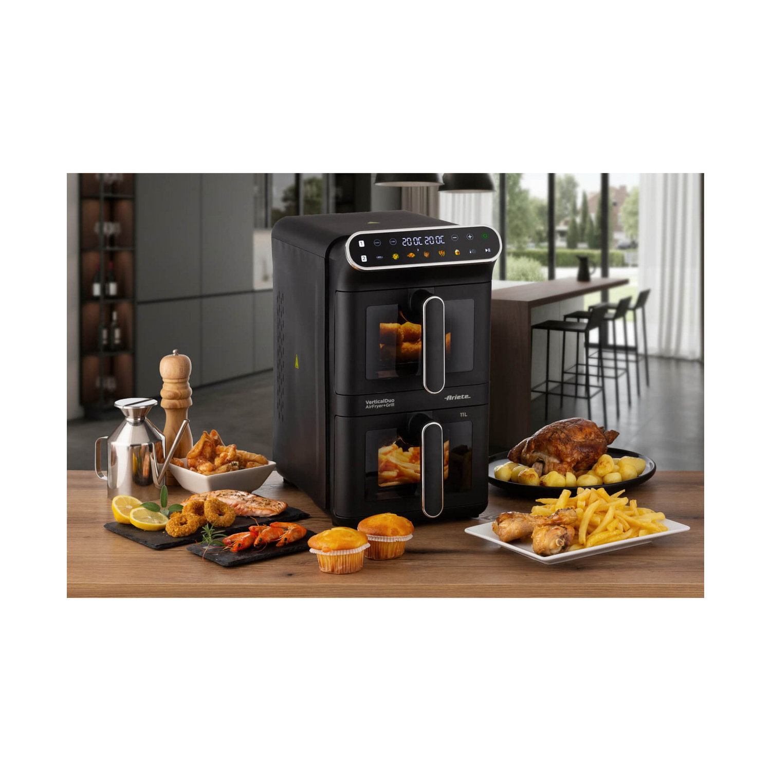 ARIETE AIRFRYER DOPPIA VERTICALE FRIGGITRICE AD ARIA, Max potenza 2460 W, 6 programmi, da 60 °C a 200 °C, NERO