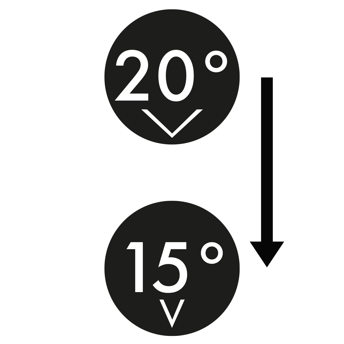 Zwei schwarze Kreise mit 20 und 15 Grad sowie einem Pfeil daneben auf weißem Grund.
