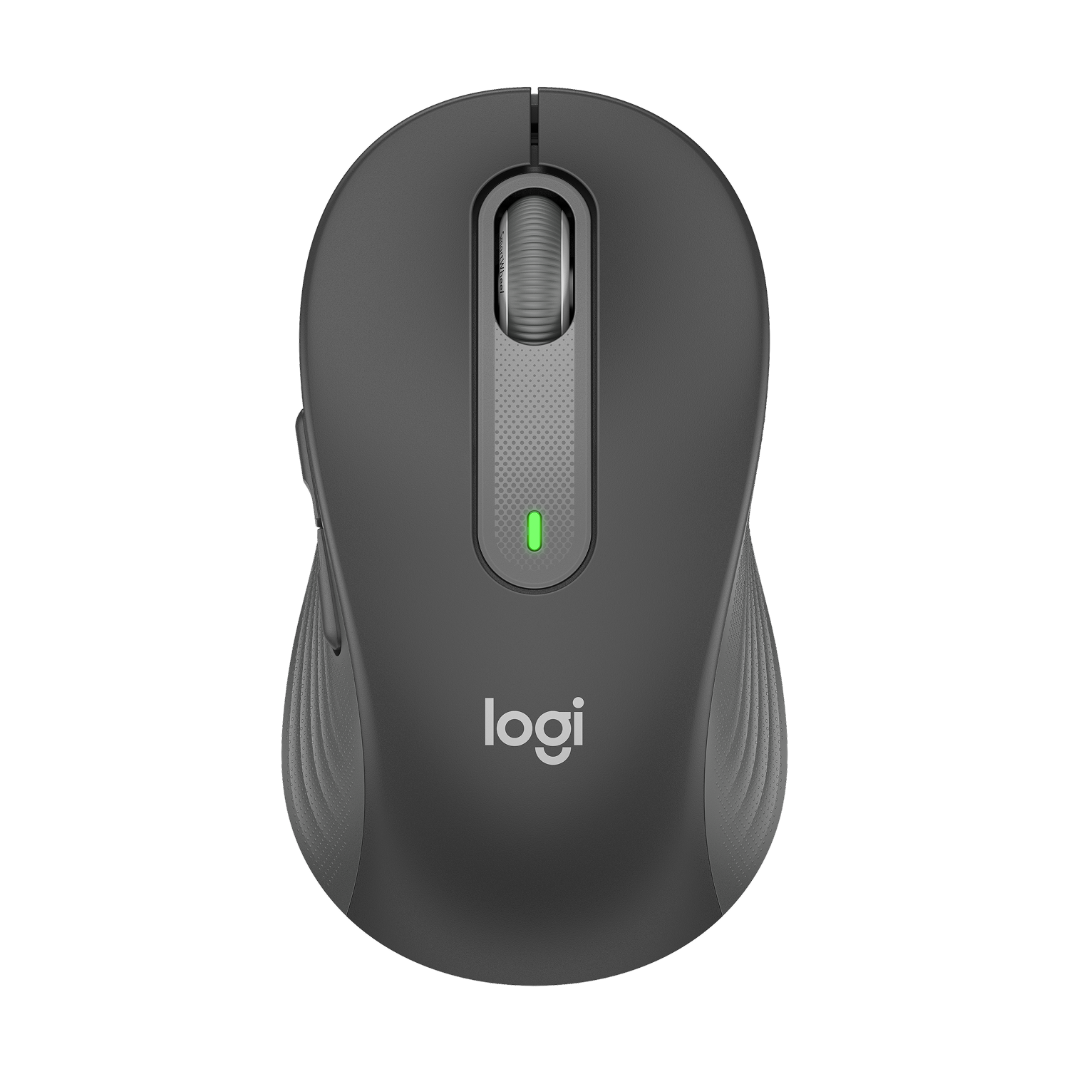 Ratón de ordenador Logitech gris inalámbrico con rueda de desplazamiento y indicador LED verde.