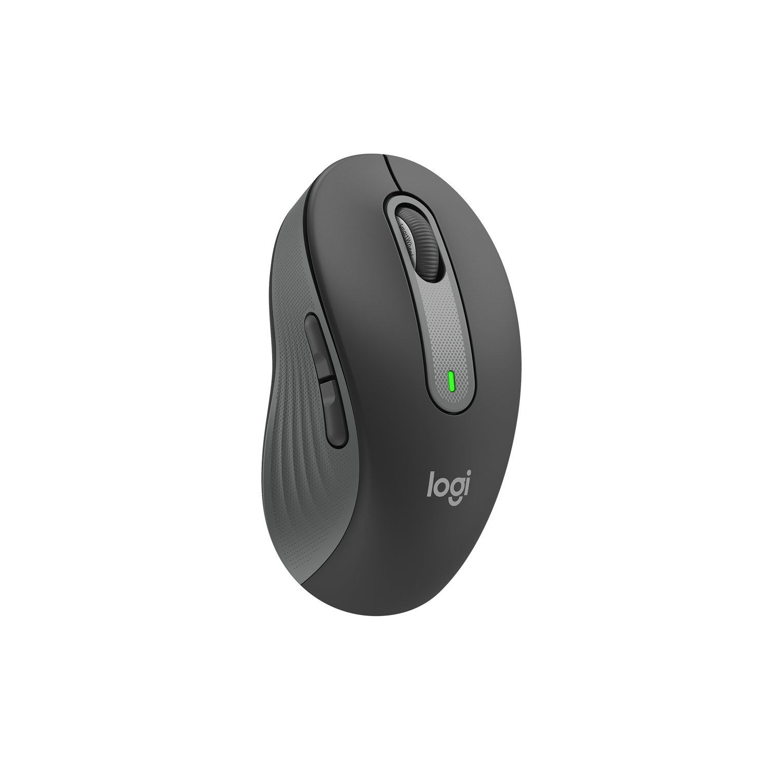Ratón inalámbrico Logitech gris oscuro con botones para el pulgar y luz LED verde sobre fondo blanco.