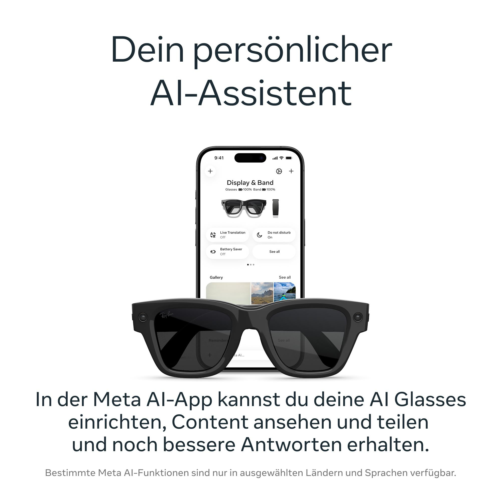 Smartphone mit AI Glasses App zeigt Einstellungen über einer Sonnenbrille.