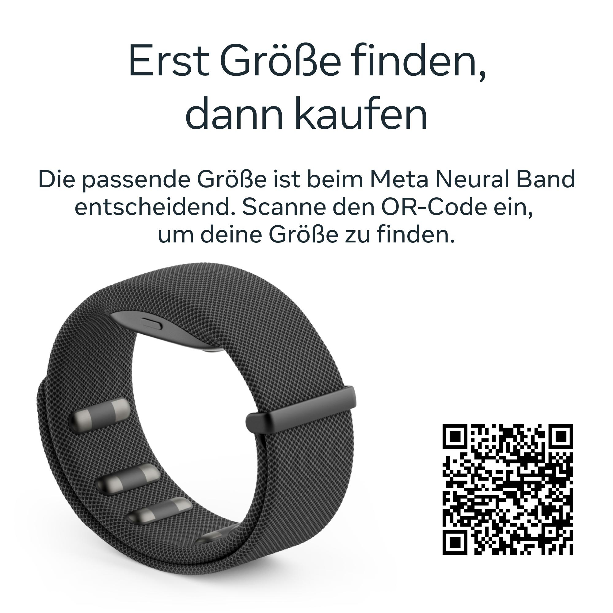 Schwarzes Meta Neural Band mit QR-Code und Text auf weißem Hintergrund.