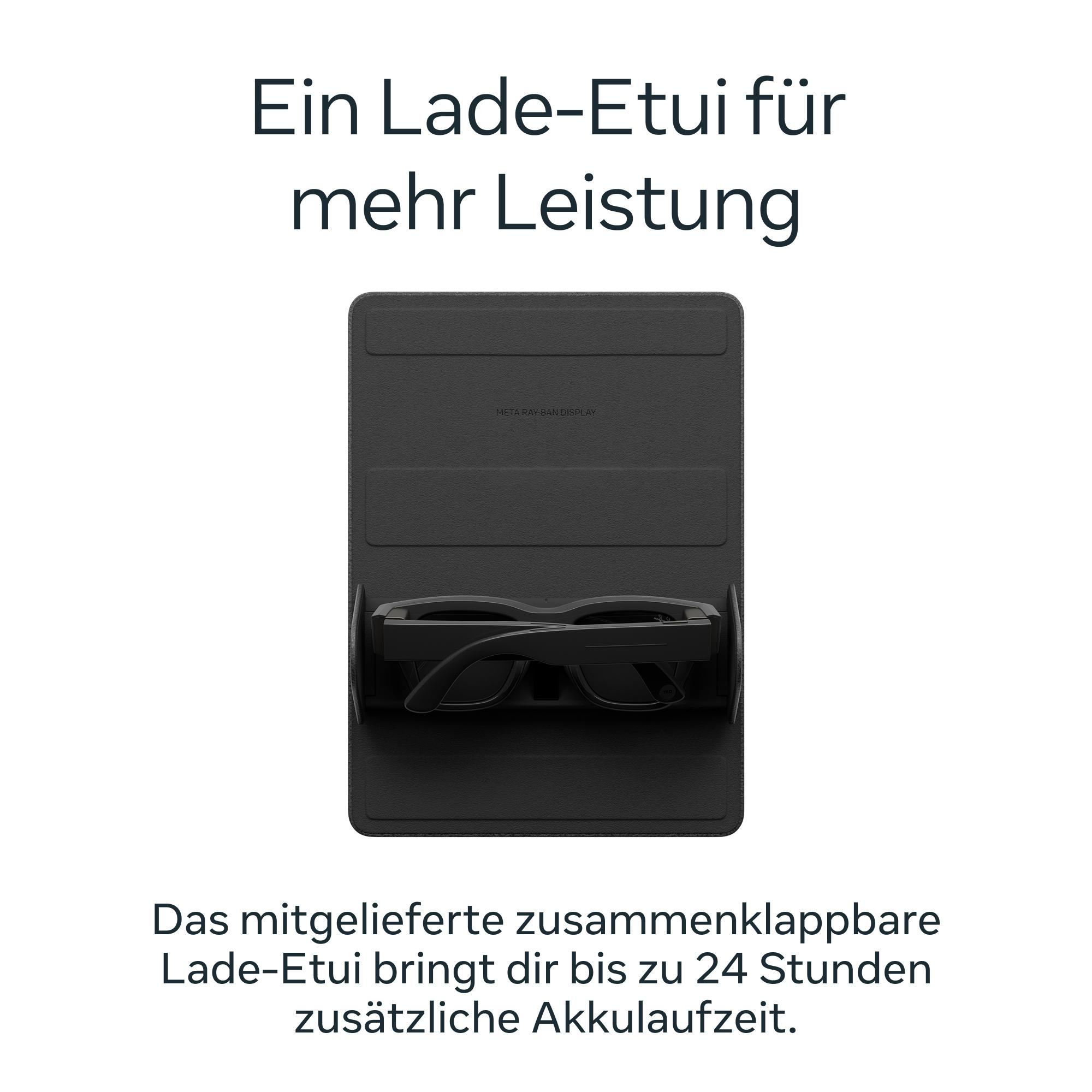 Ein schwarzes Ladeetui mit gefalteten Brillenbügeln im Inneren und deutscher Werbebeschriftung.