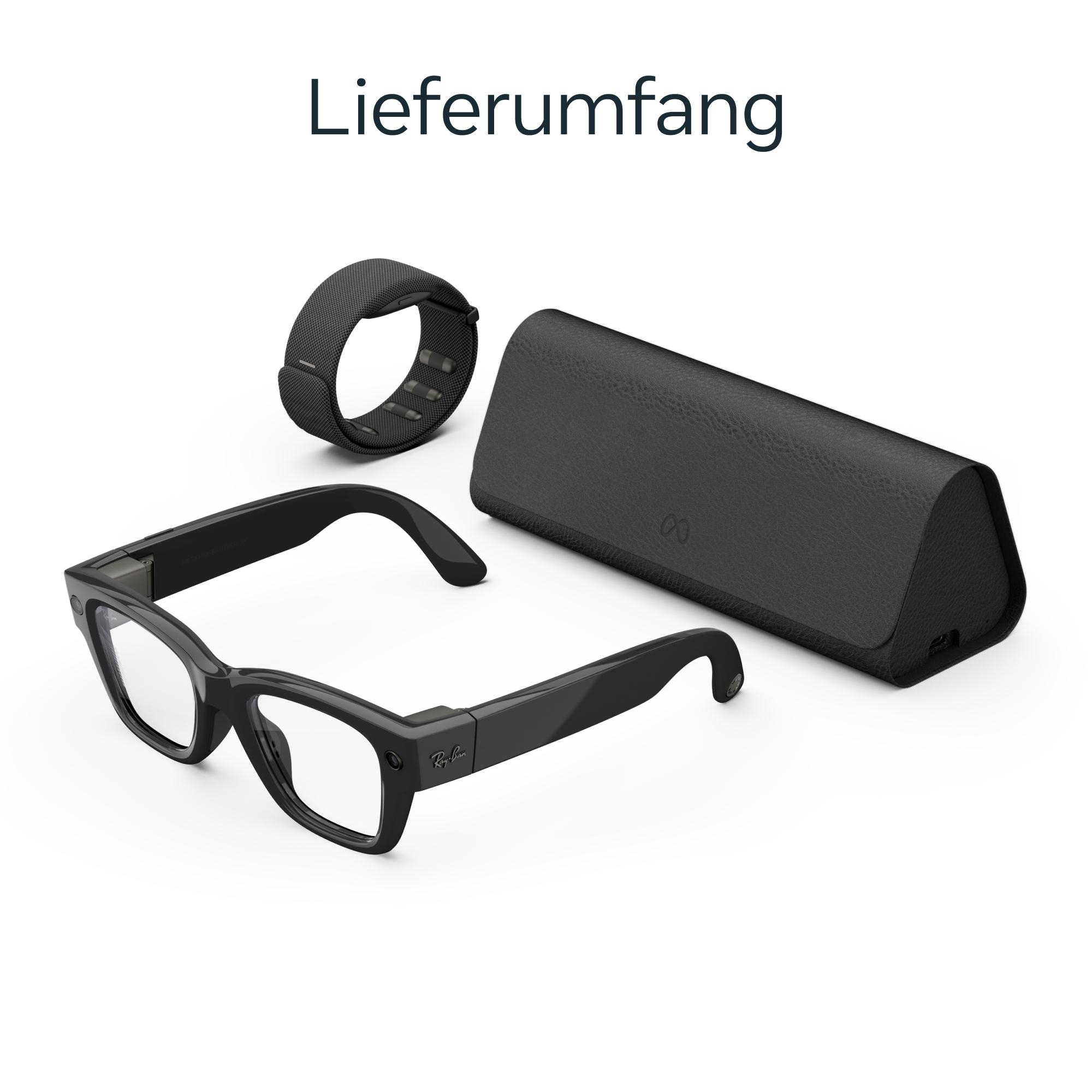 Schwarze Brille mit Etui und Armband auf weißem Hintergrund und Aufschrift Lieferumfang.