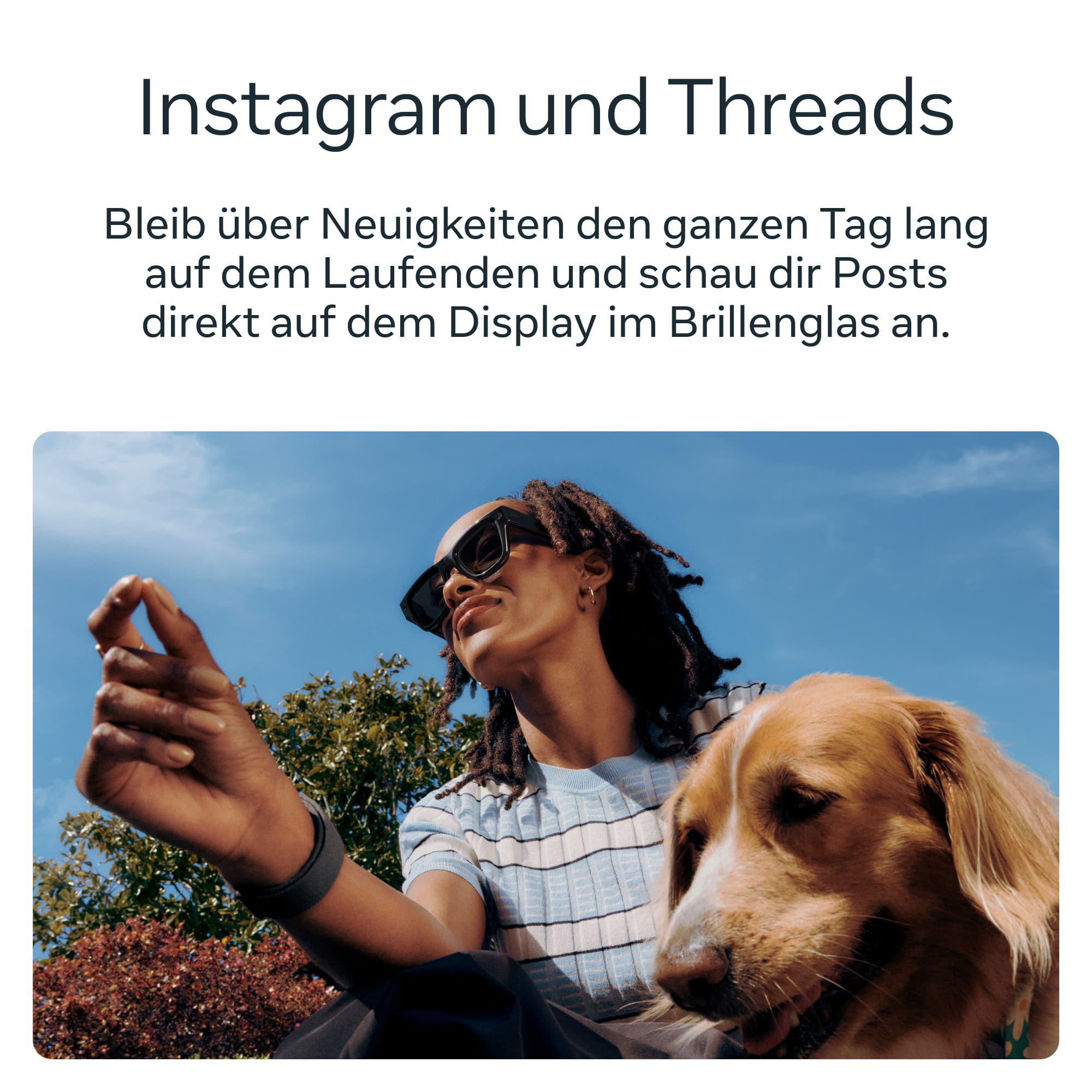 Frau mit Brille und Hund im Freien, Text über Instagram und Threads.