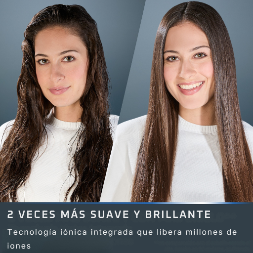 Comparación de antes y después de una mujer con cabello ondulado y cabello liso y brillante.