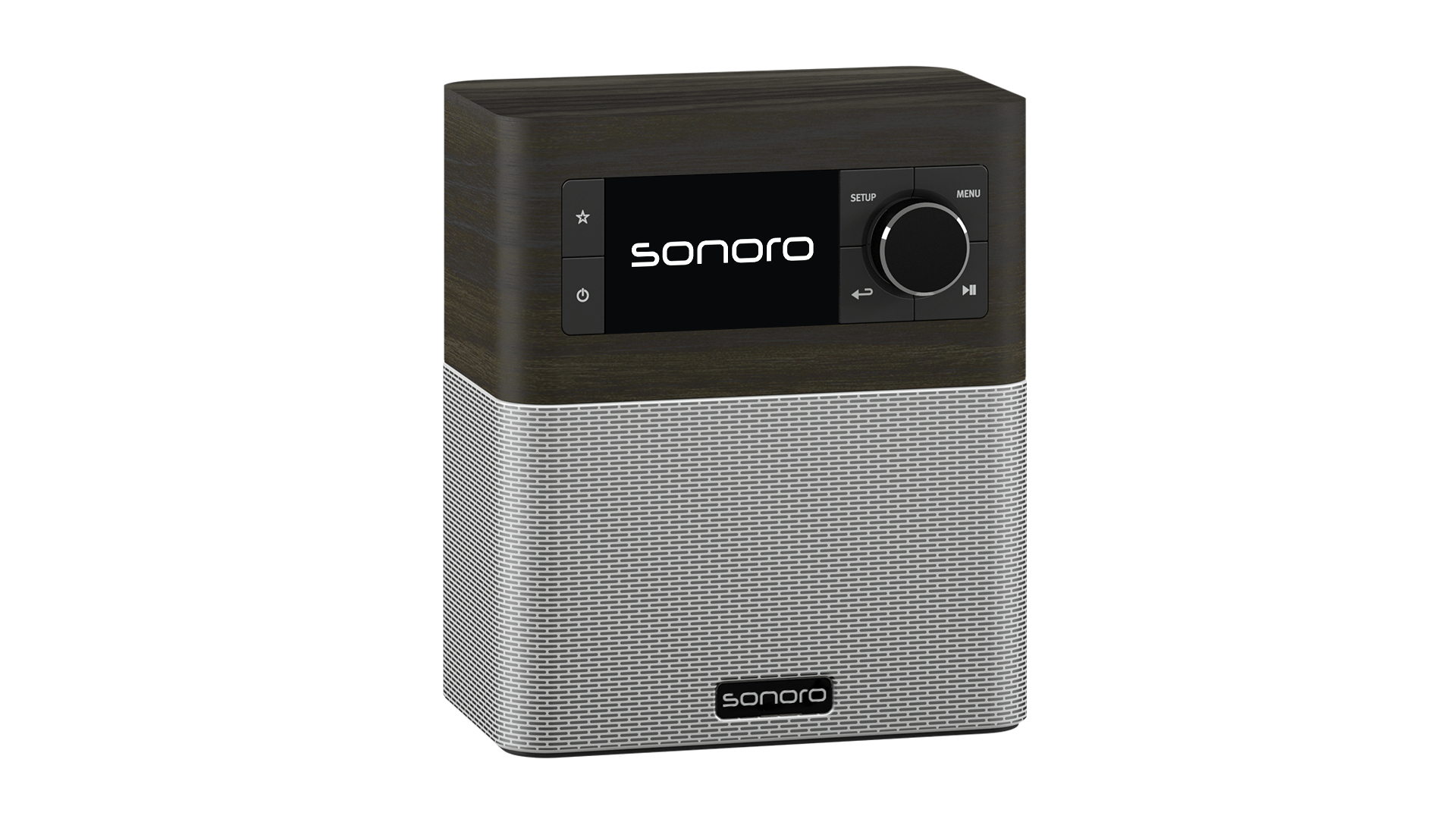 Dunkelbraunes Sonoro-Radio mit silbernem Metallgitter und digitalem Display.