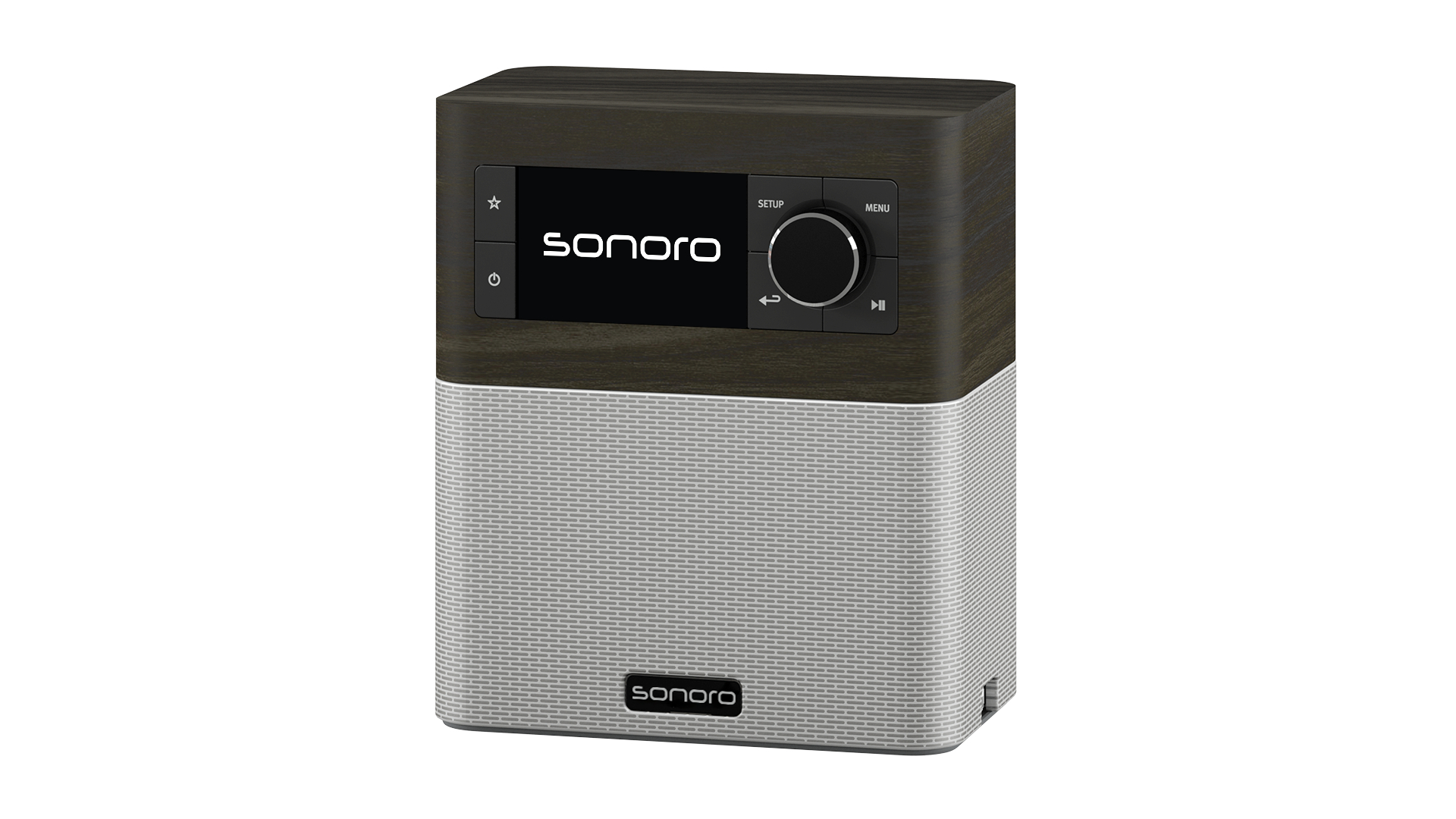 Ein Sonoro-Radio mit dunklem Holzgehäuse, silberner Lautsprecherfront, Display und Bedienelementen.