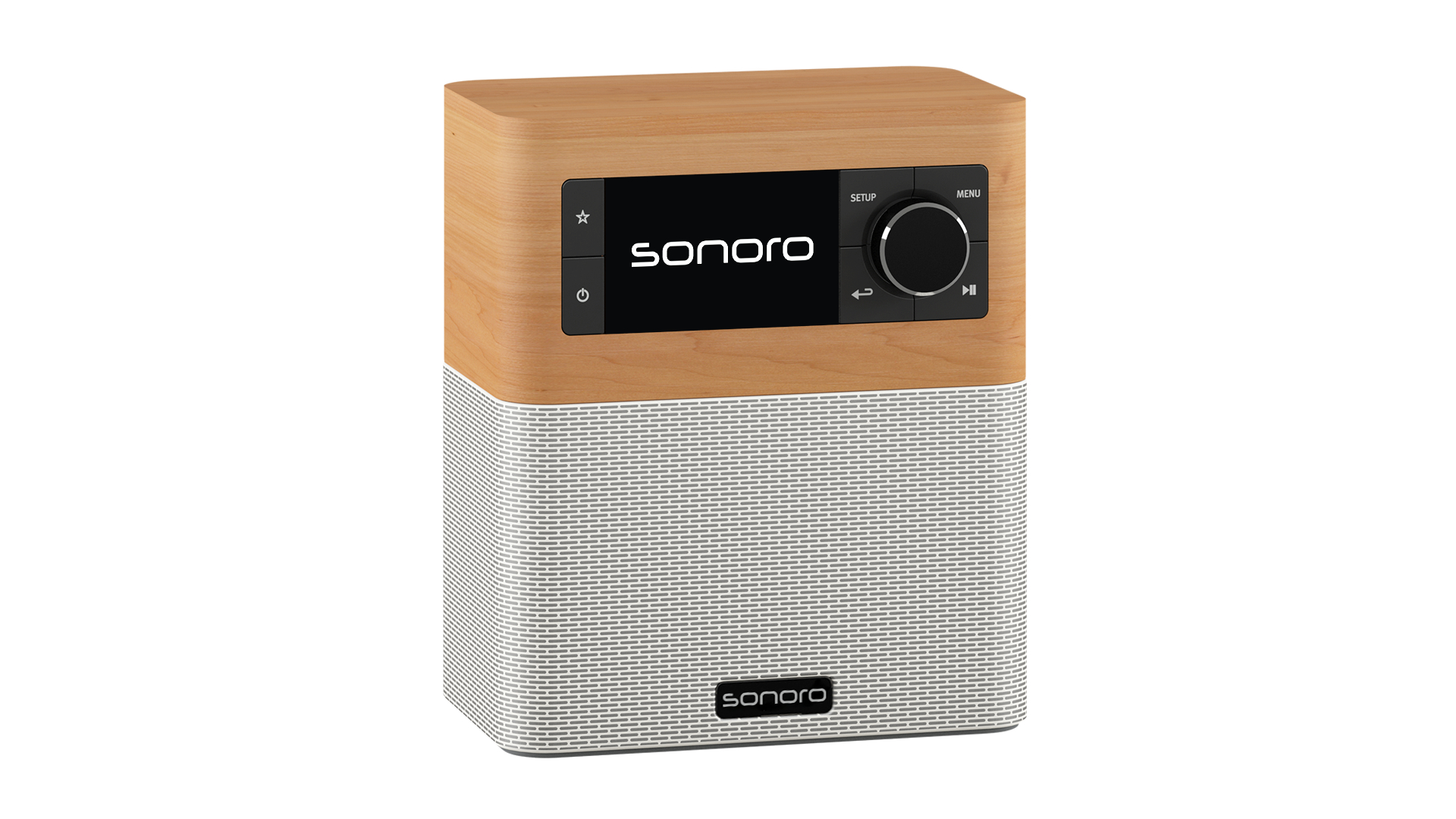 Ein hölzernes Sonoro-Radio mit digitalem Display, Knöpfen und einem weißen Lautsprechergitter.