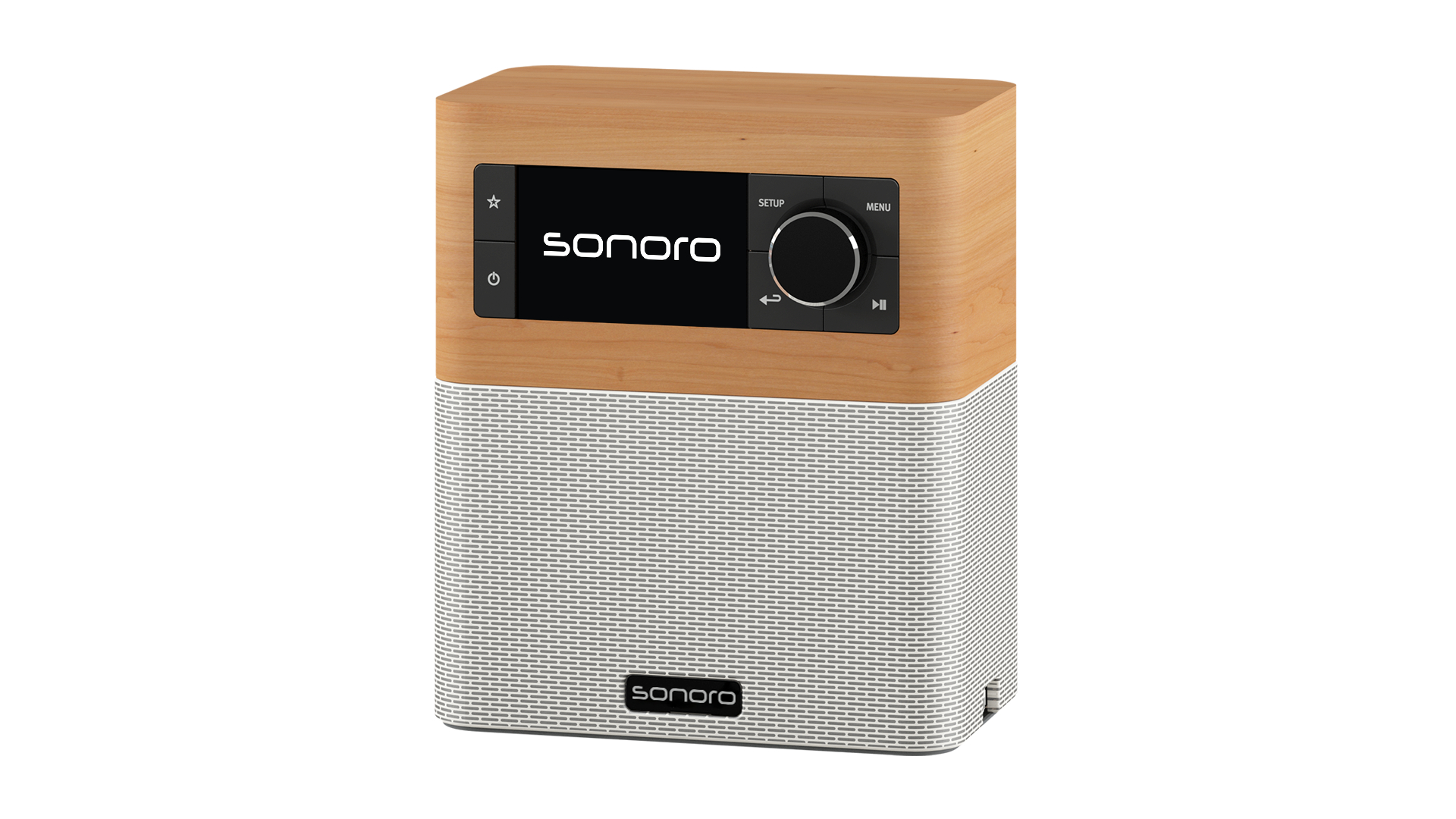 Ein hölzernes Sonoro-Radio mit schwarzem Display, Bedienelementen und silberner Lautsprechergitterfront.