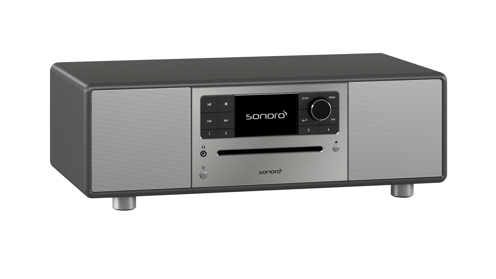 Graues Sonoro-Musiksystem mit Lautsprechern, Display und CD-Schlitz auf silberner Front.