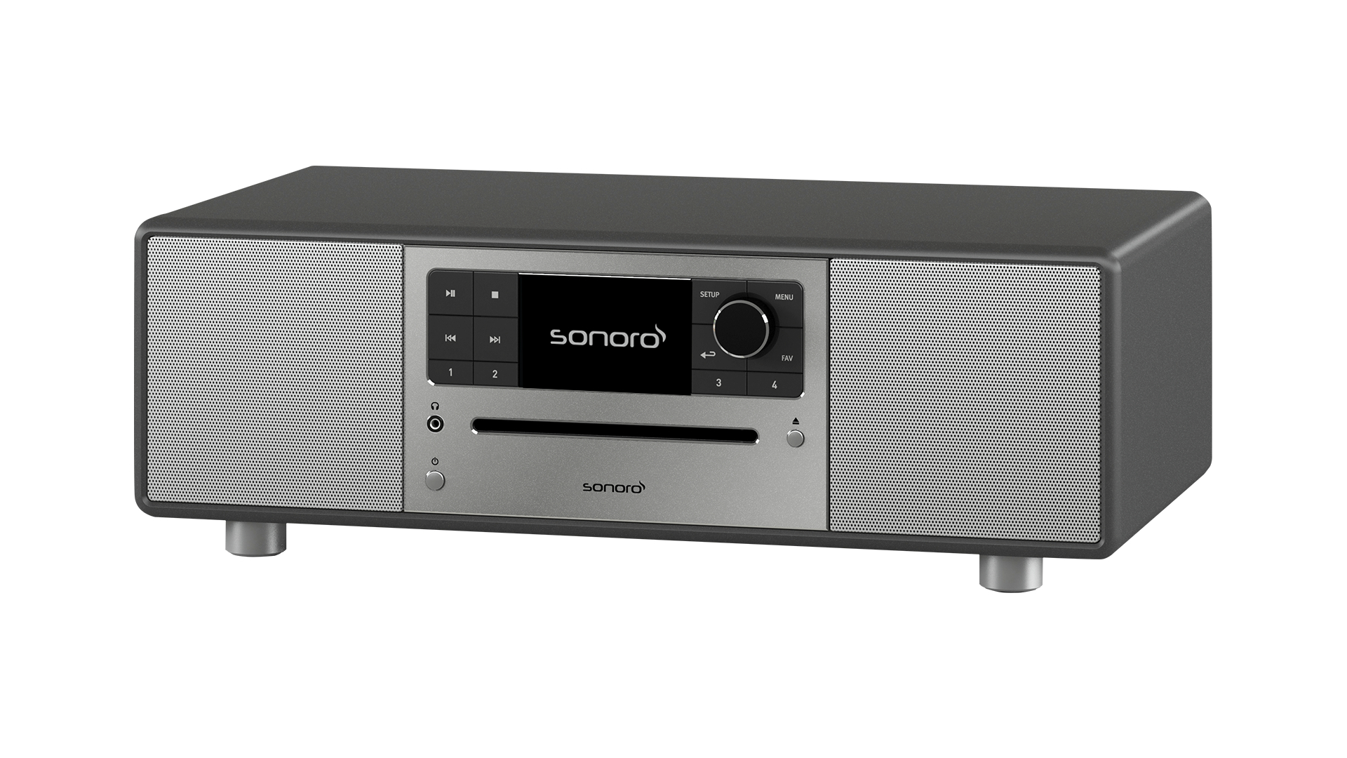 Ein graues Sonoro Hi-Fi-System mit silbernem Bedienfeld, Display, CD-Schlitz und zwei Lautsprechern auf Füßen.