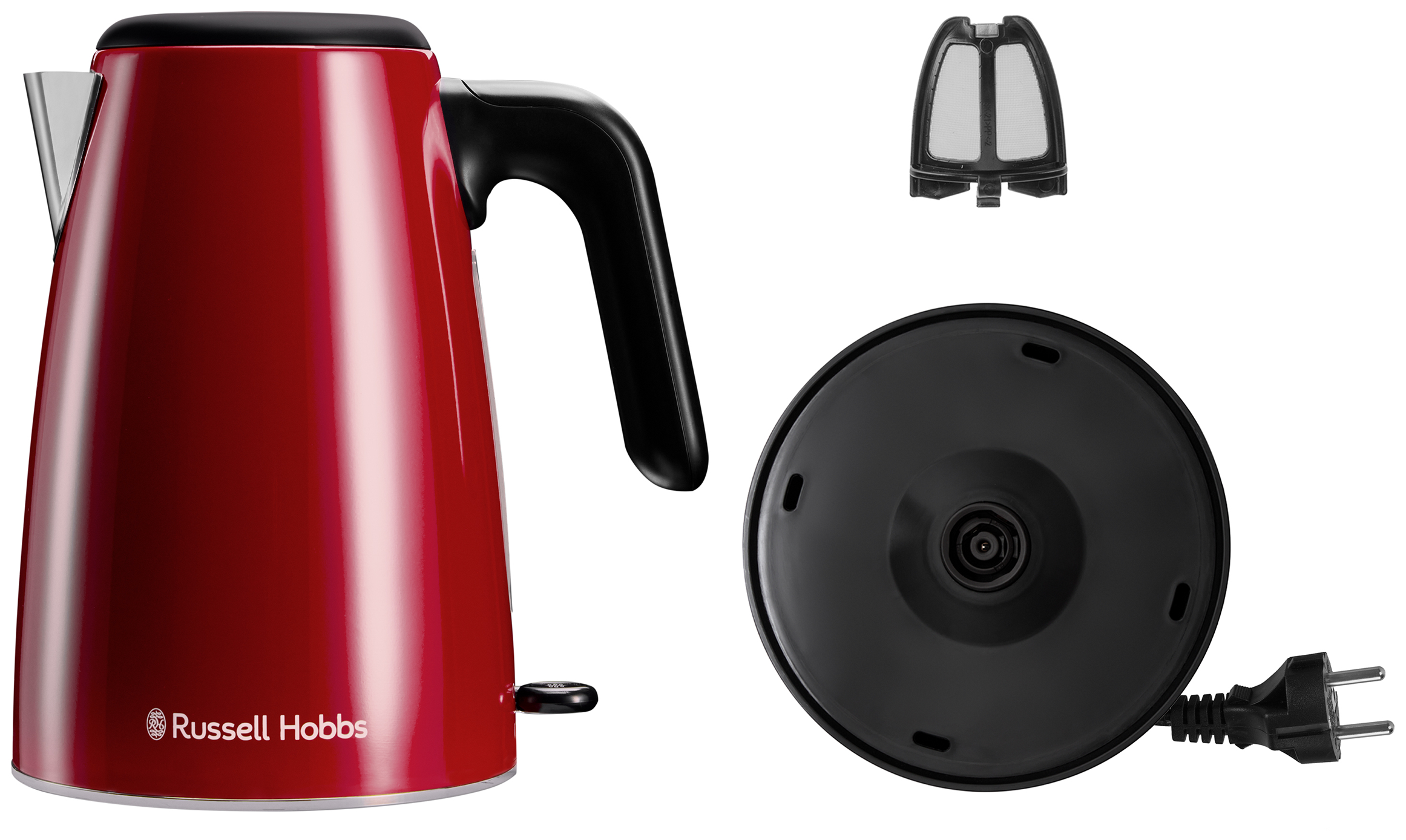 Piros Russell Hobbs elektromos vizforralo fekete alappal es szurommel fekete hatterben.