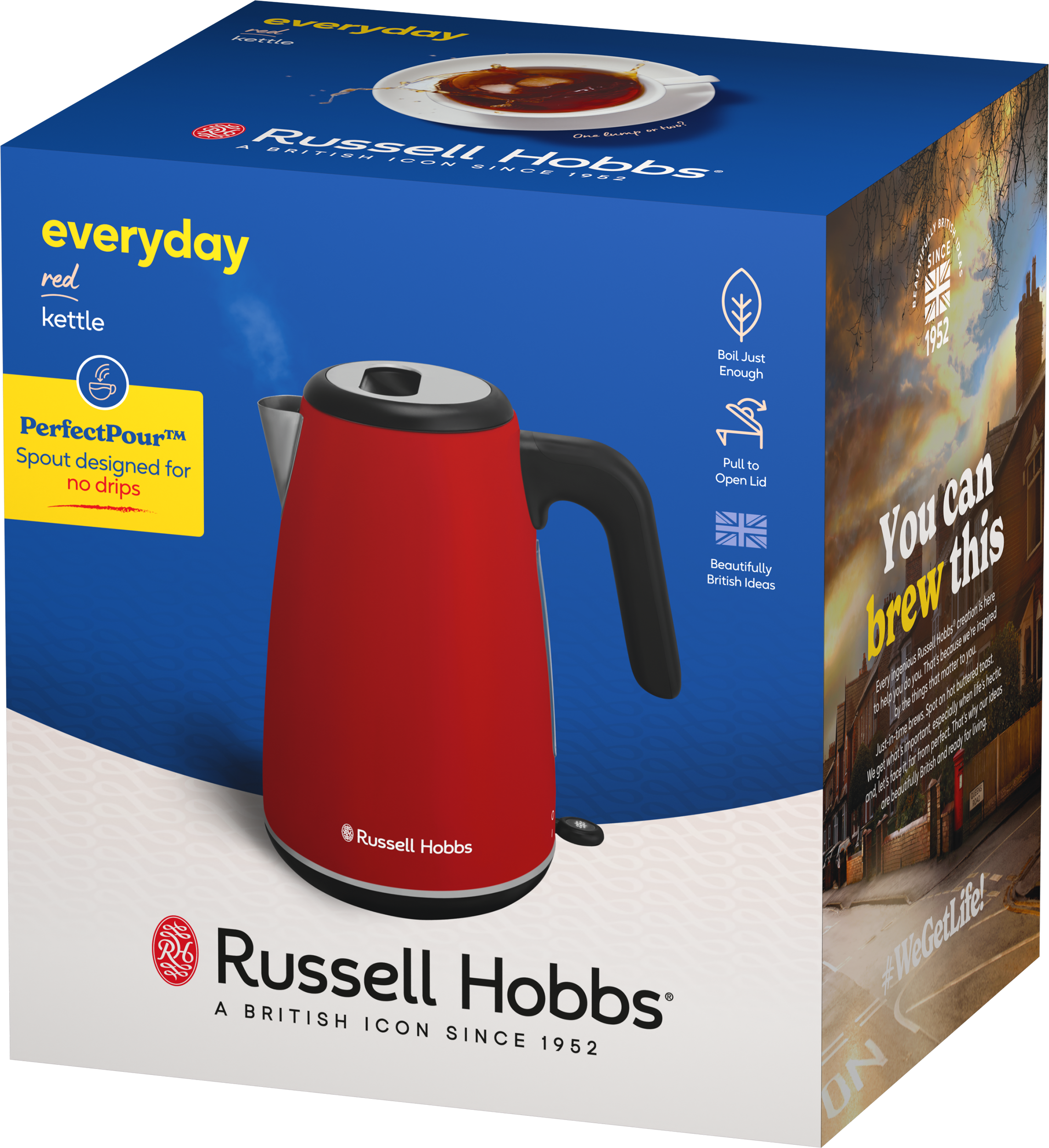 Kék-fehér termékdoboz, amely egy fekete fogantyús és ezüst díszítésű vörös Russell Hobbs vízforralót ábrázol.