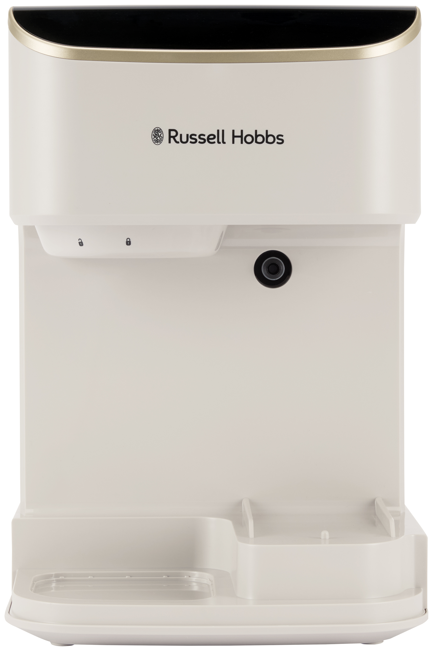 Egy fehér Russell Hobbs forróvíz-adagoló arany díszítéssel, fekete kijelzővel és csepptálcával.