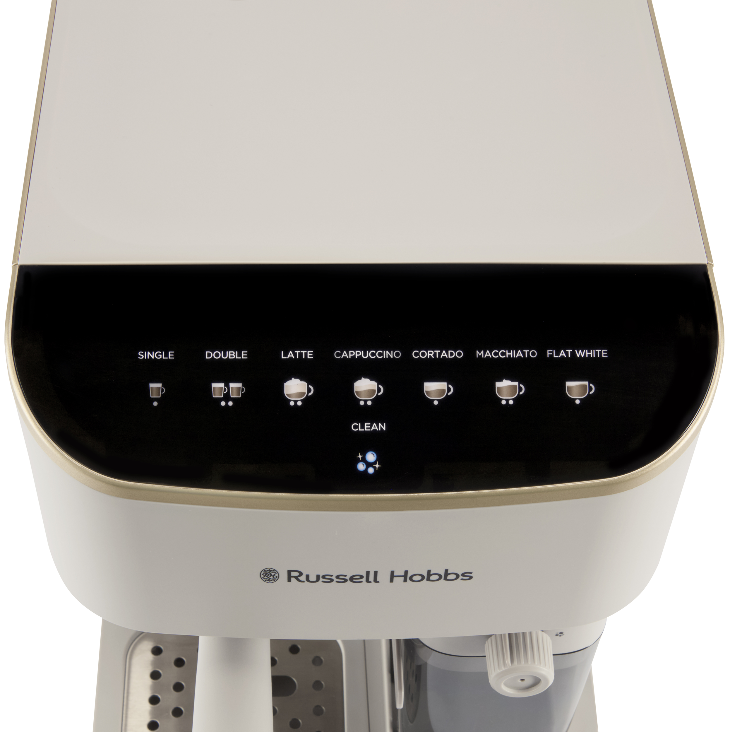 Felülnézet egy fehér Russell Hobbs kávéfőzőről, fekete érintőképernyős panellel és különböző kávétípusokkal.