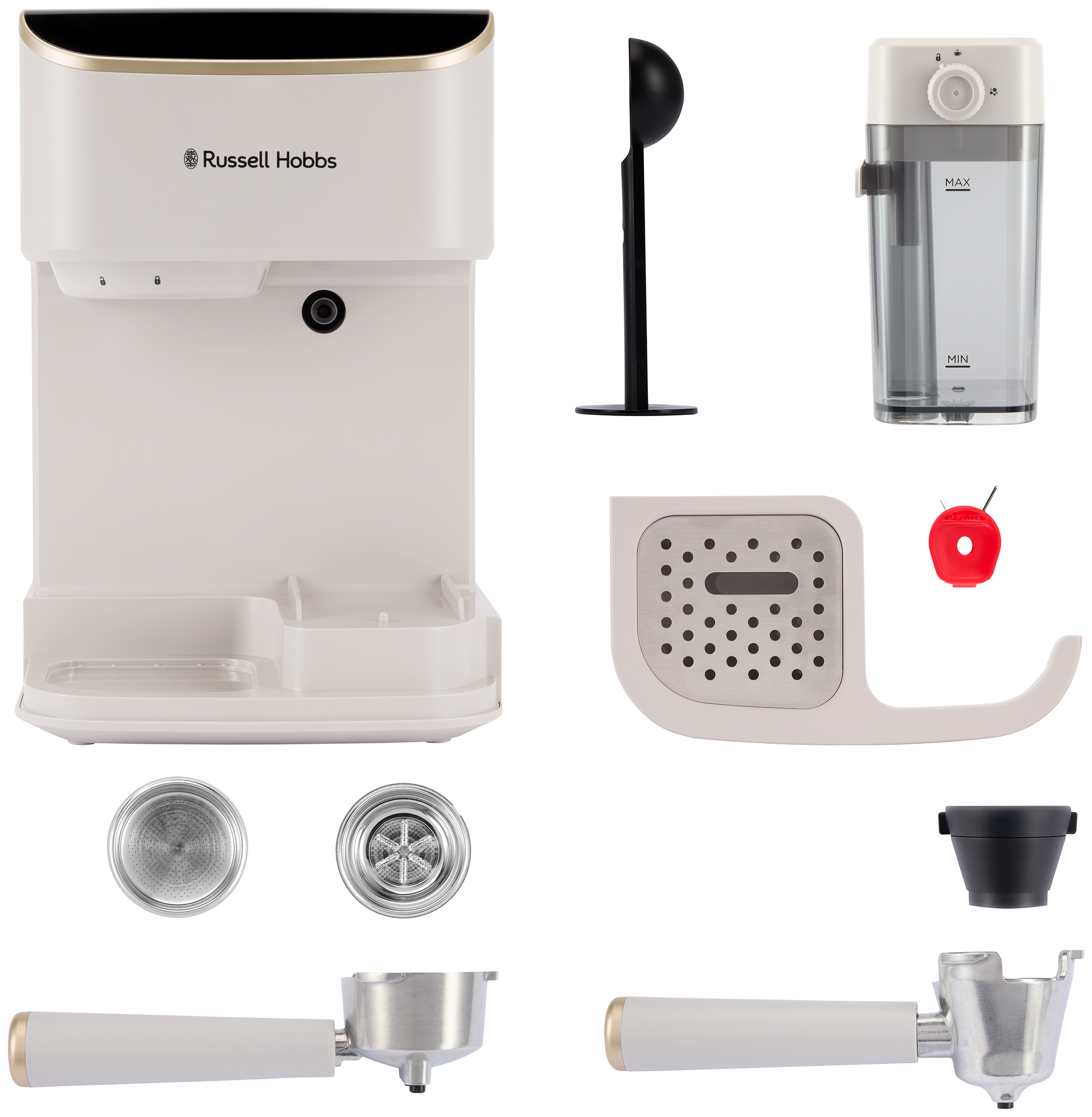 Russell Hobbs eszpresszógép szétszerelt tartozékokkal, például víztartállyal, szűrőkanállal és kanállal fekete háttér előtt.