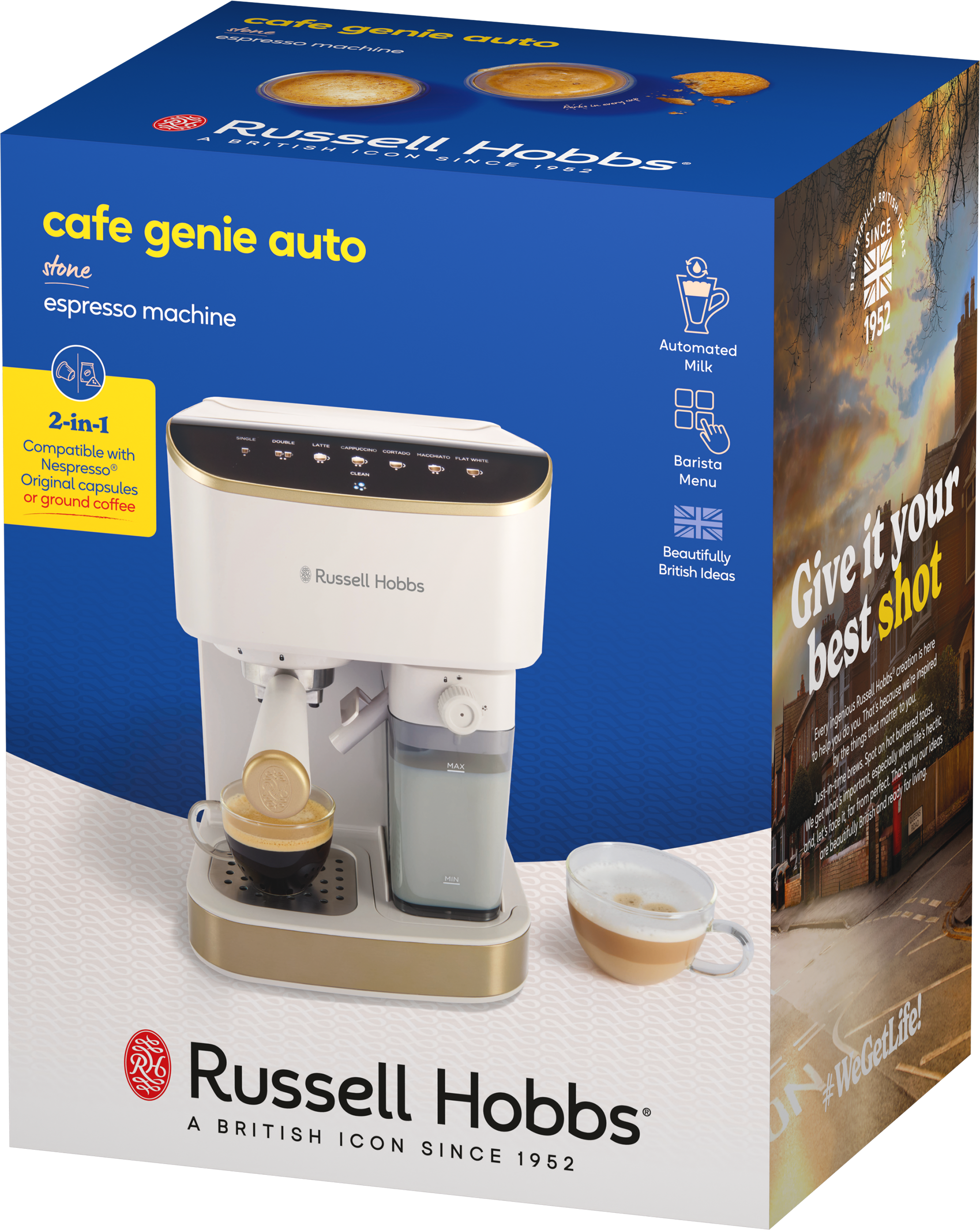 Kék Russell Hobbs Cafe Genie Auto eszpresszógép doboz, fehér készülék és kávéscsészék képével.