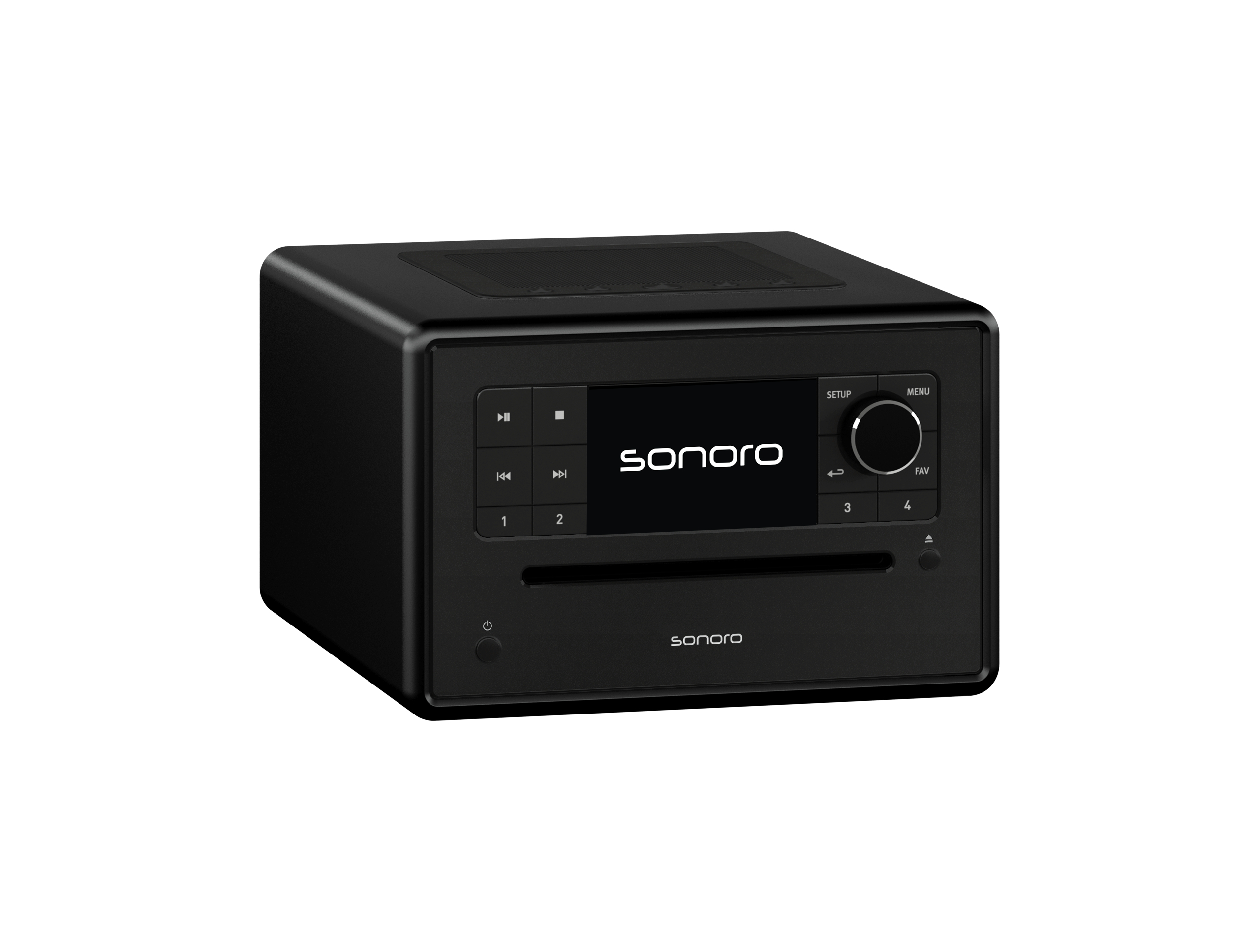 Schwarzes Sonoro-Audiosystem mit zentralem Display, CD-Schlitz, Lautstärkeregler und Bedientasten.