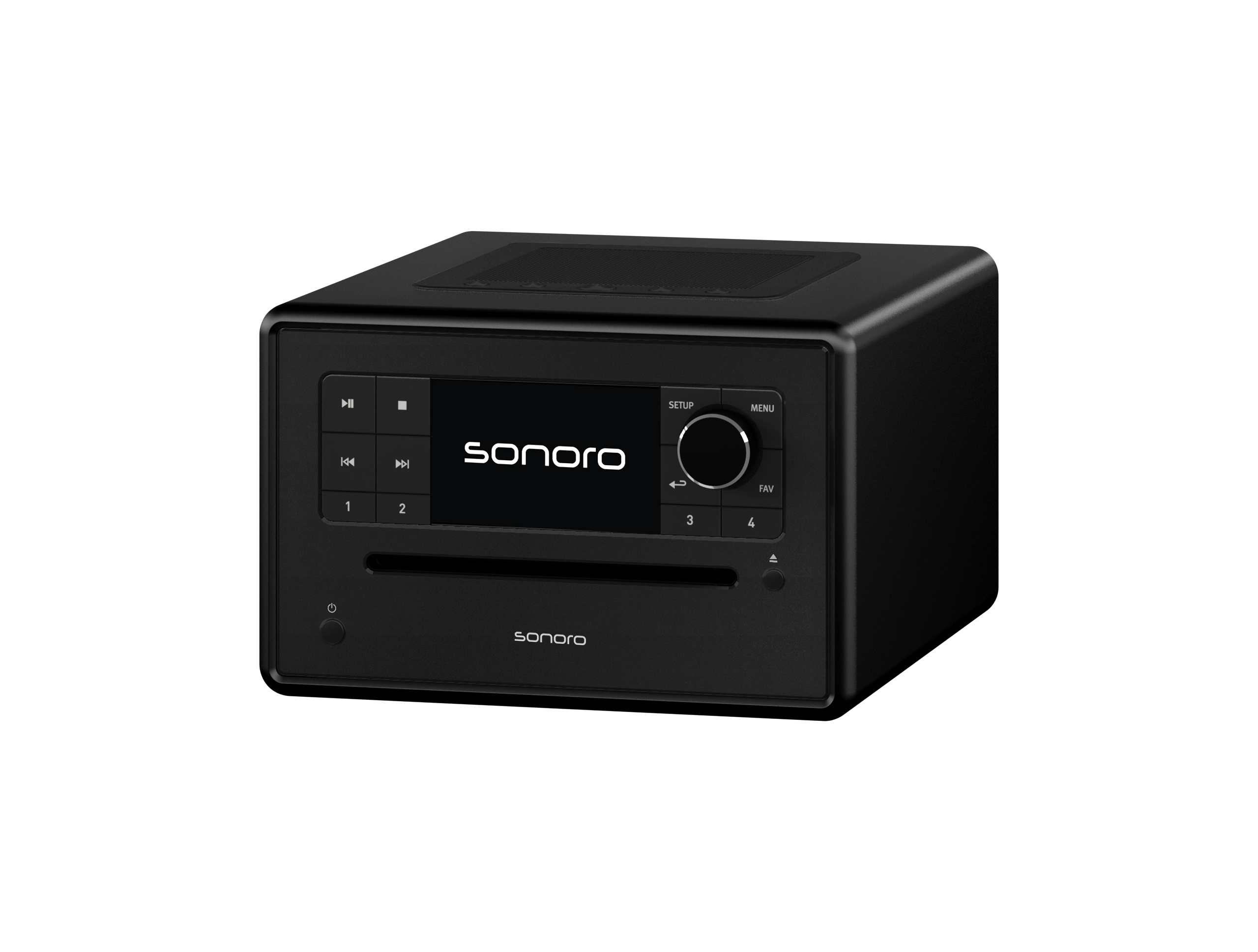 Schwarzes Sonoro-Radio mit CD-Player, Display und Tasten.