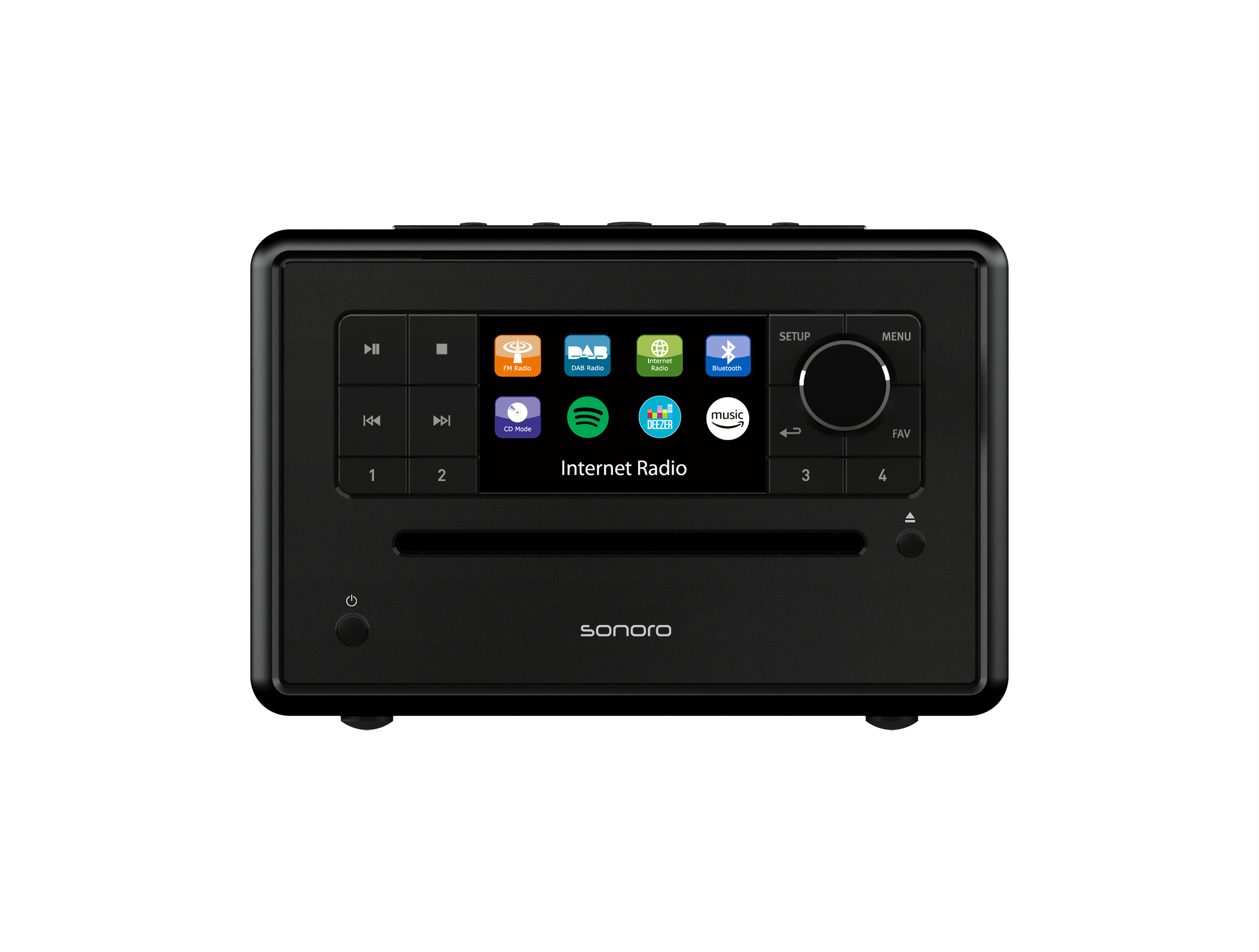 Schwarzes Sonoro-Radio mit farbigem Display, Bedientasten, Drehregler und CD-Schlitz auf weißem Hintergrund.