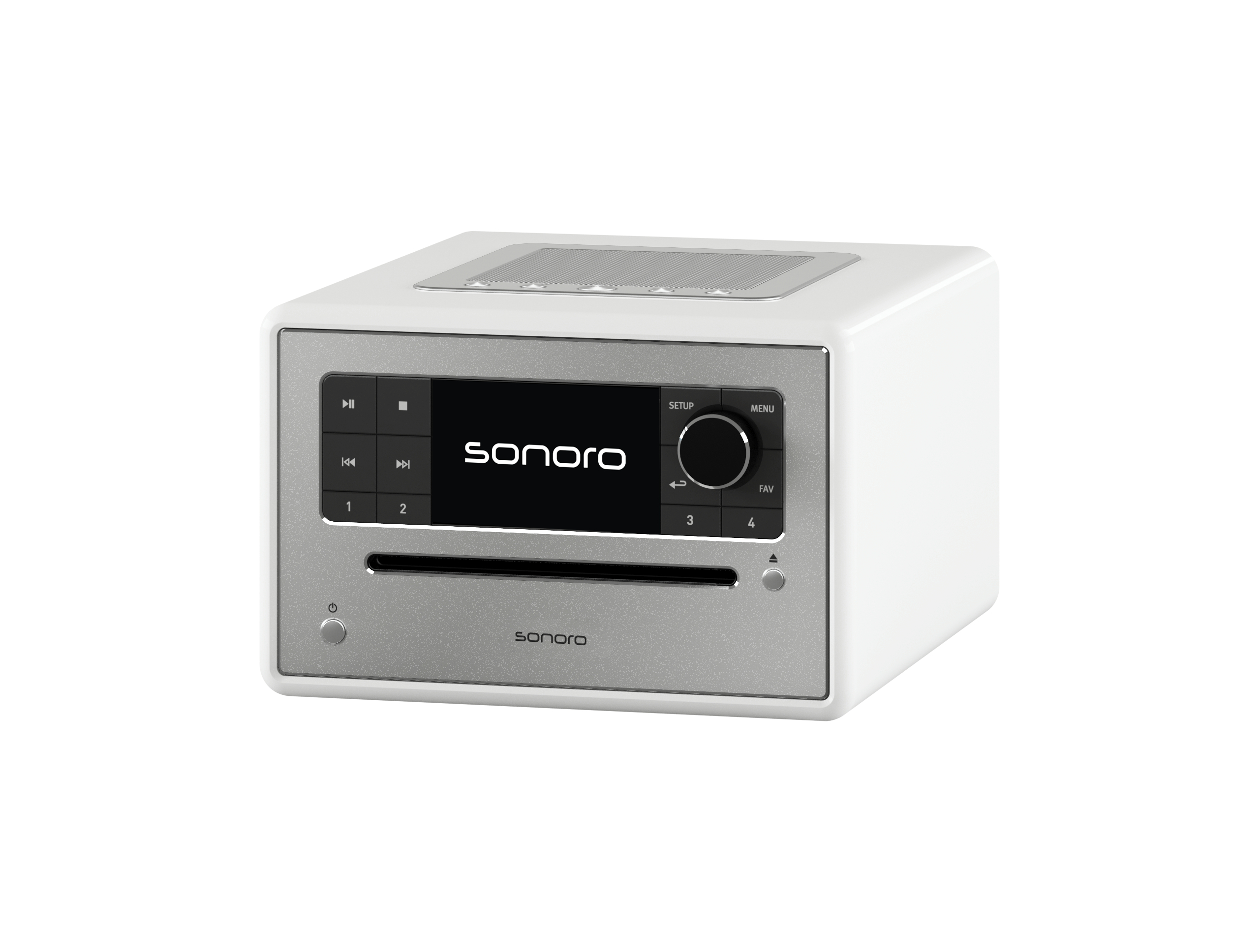 Ein weißes Sonoro-Audiosystem mit silberner Front, Display, Tasten, Drehregler und CD-Schlitz auf weißem Hintergrund.