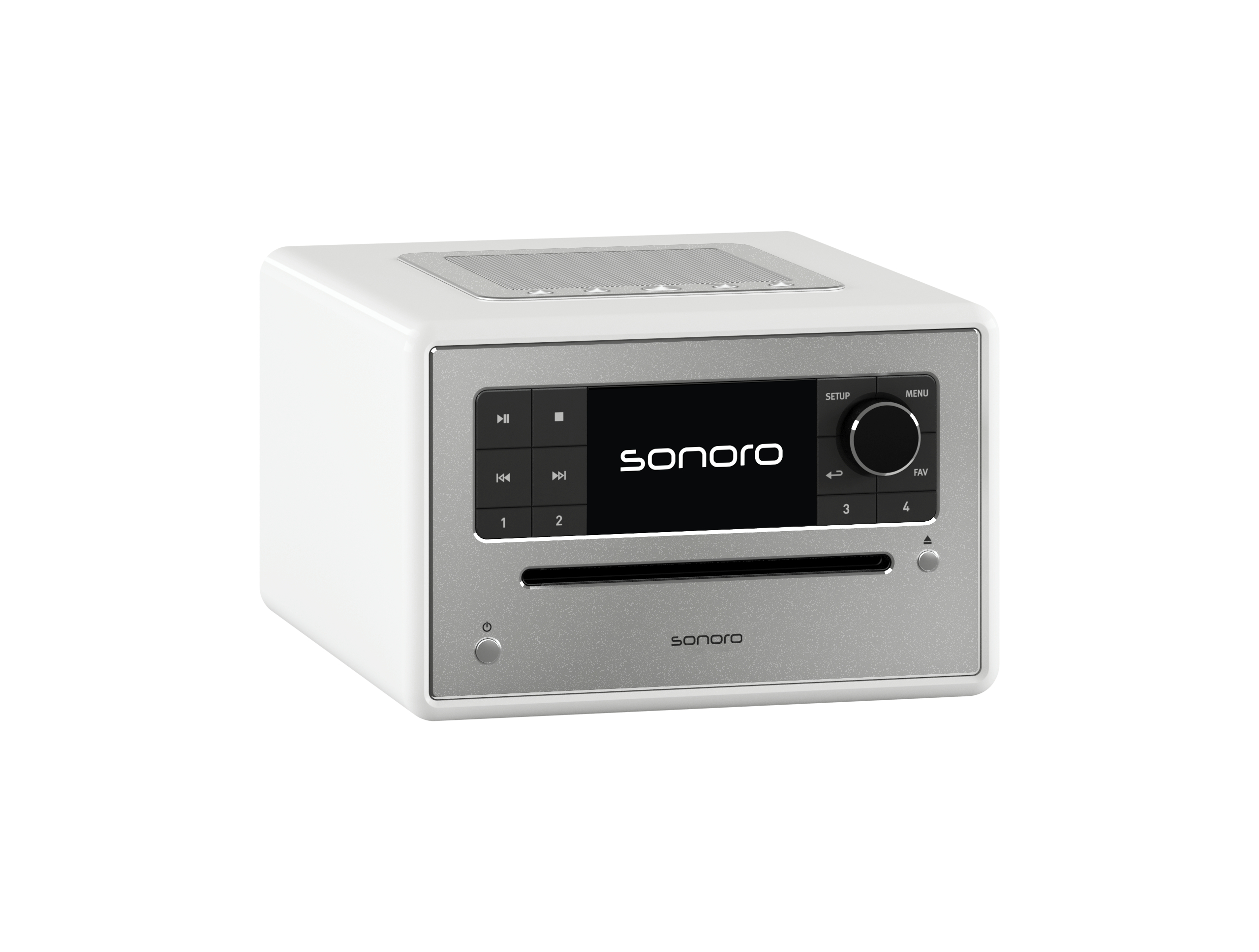Weißes Sonoro-Audiosystem mit silbernem Bedienfeld, CD-Schlitz und Display auf weißem Hintergrund.