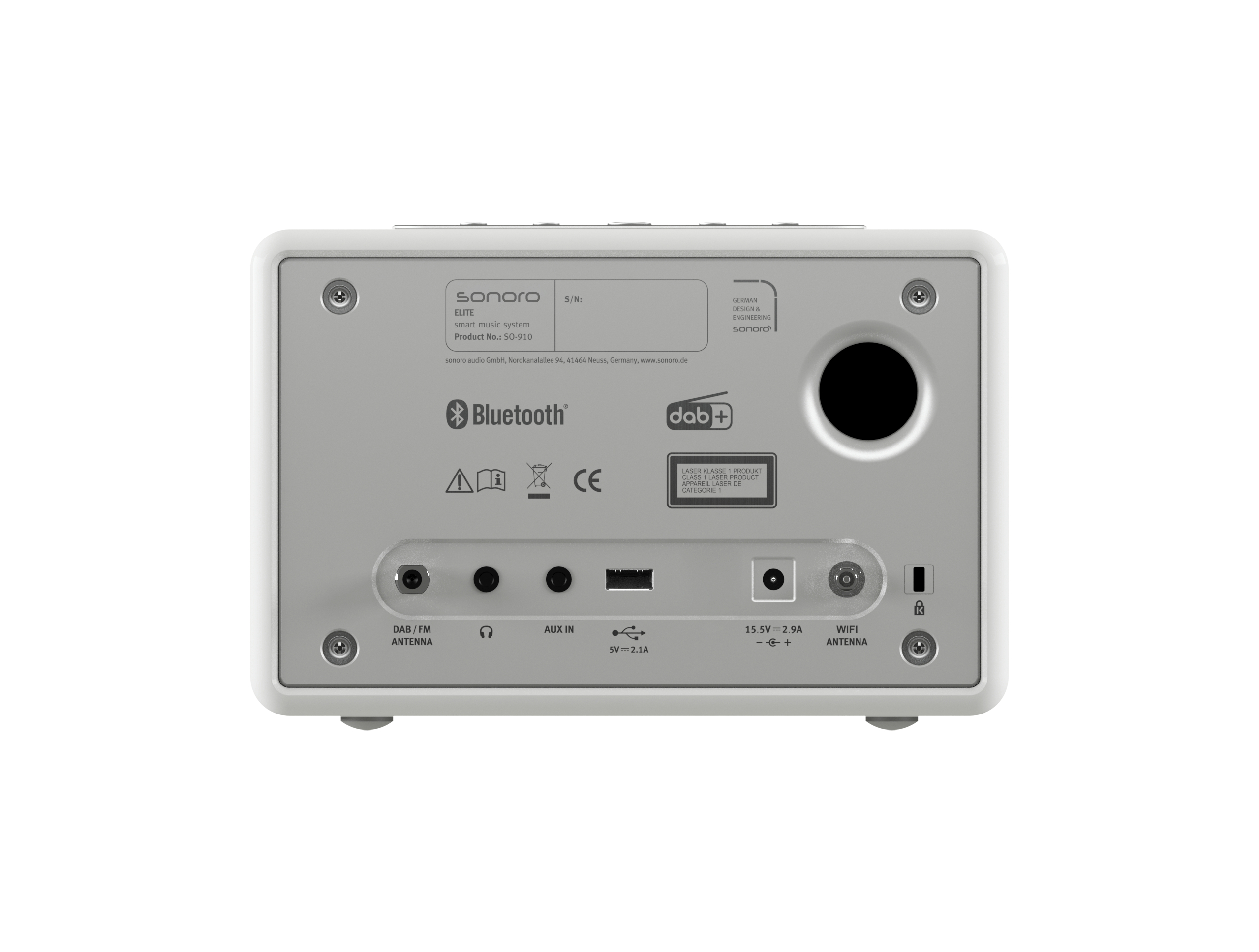 Rückseite eines weißen Sonoro-Smart-Musiksystems mit Anschlüssen und Labels auf grauem Hintergrund.