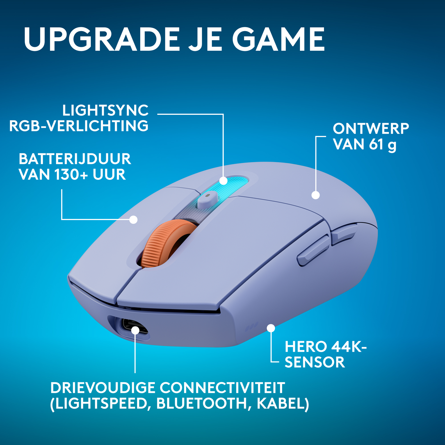 Paarse gamingmuis met oranje scrollwiel en functielabels op een blauwe achtergrond.