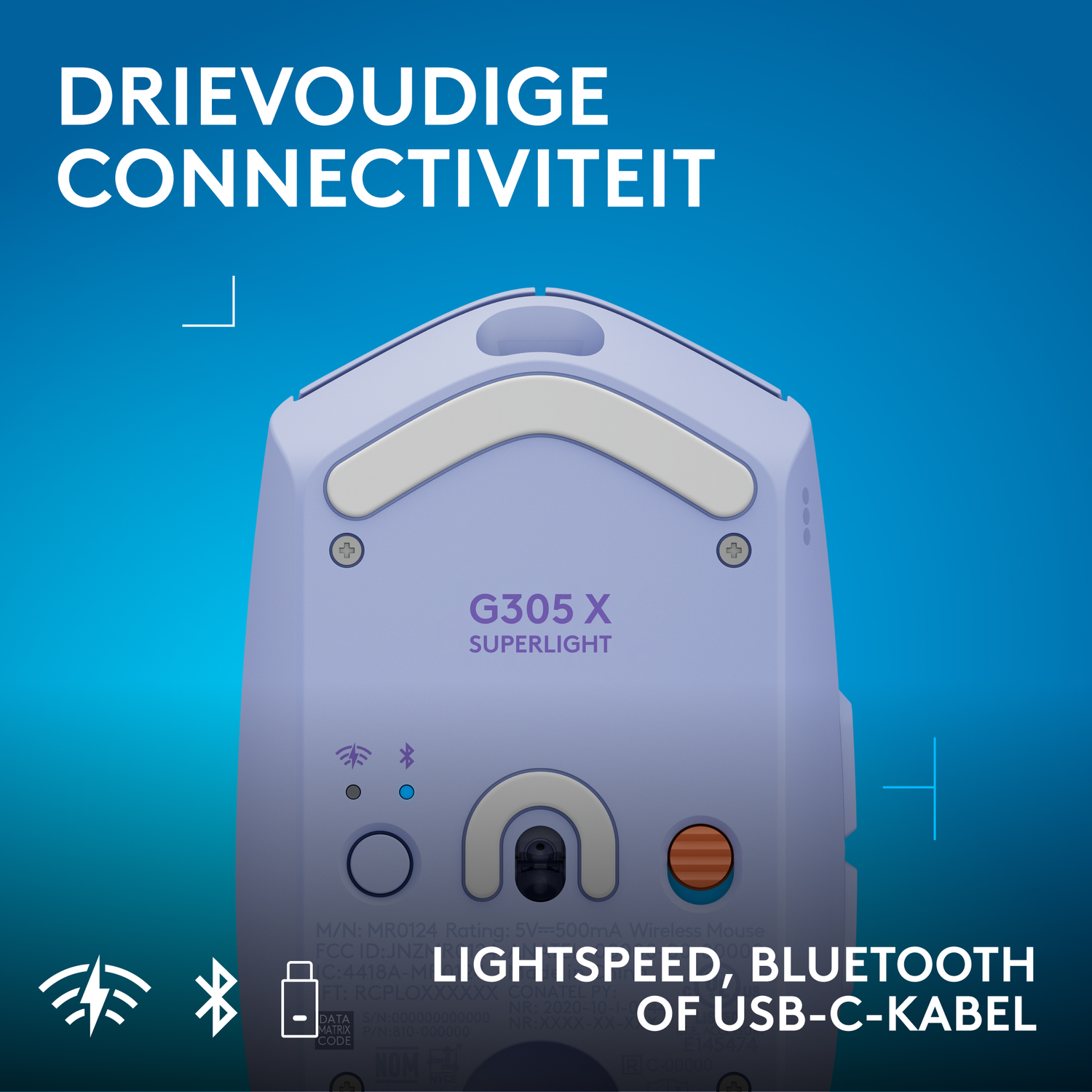 Onderkant van een paarse G305 X Superlight muis tegen een blauwe achtergrond met witte tekst.