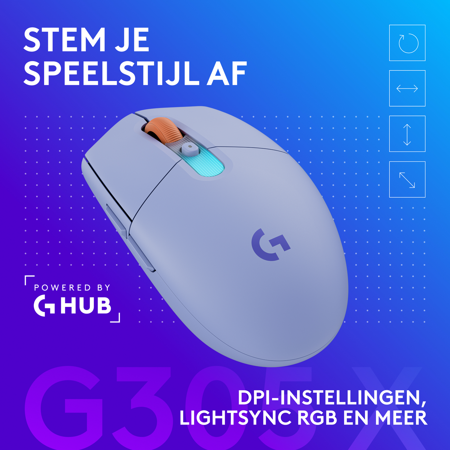 Een lichtblauwe Logitech G305 X gaming-muis tegen een blauw-paarse achtergrond met Nederlandse tekst.