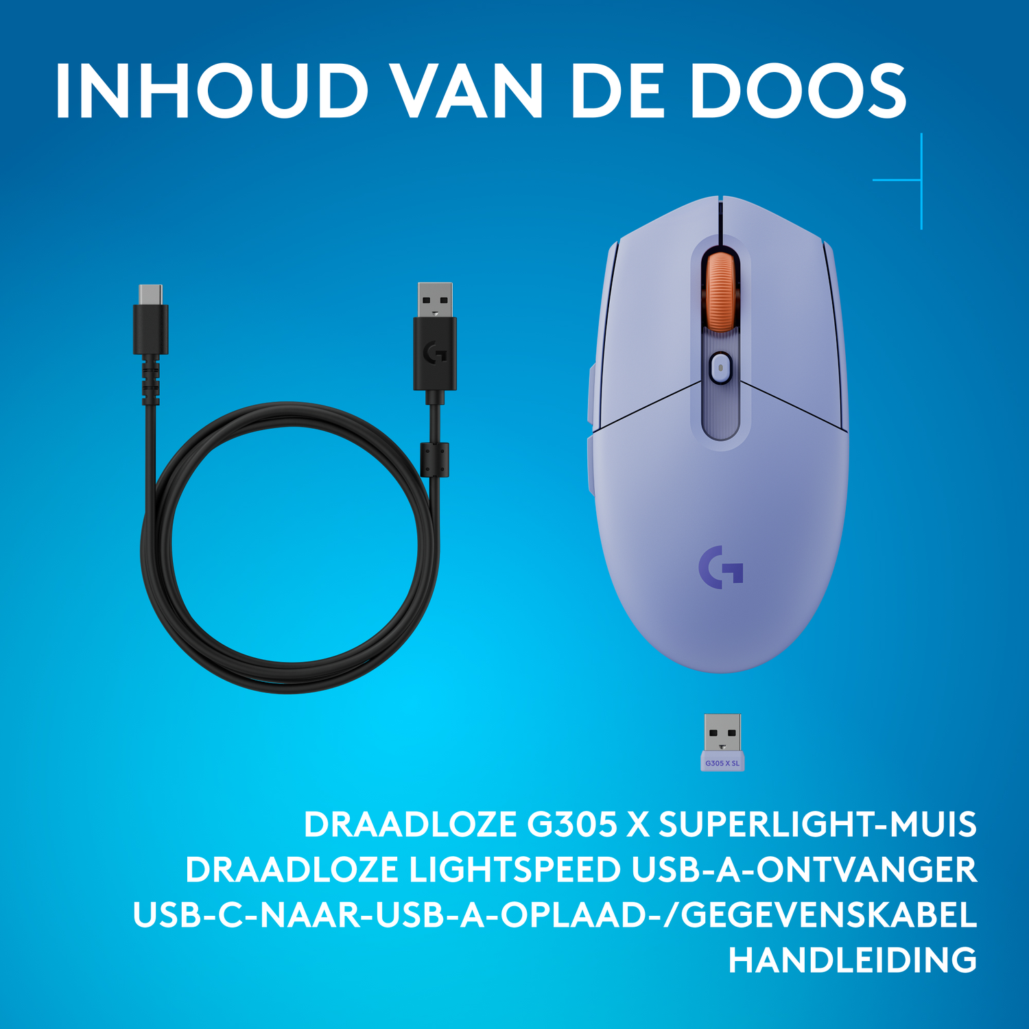 Inhoud van de doos: een paarse draadloze muis, USB-kabel, USB-ontvanger en witte tekst op een blauwe achtergrond.