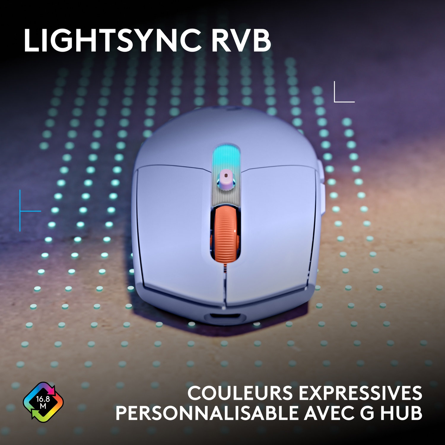 Une souris de jeu sans fil bleu clair avec une molette orange sur fond de points lumineux verts.
