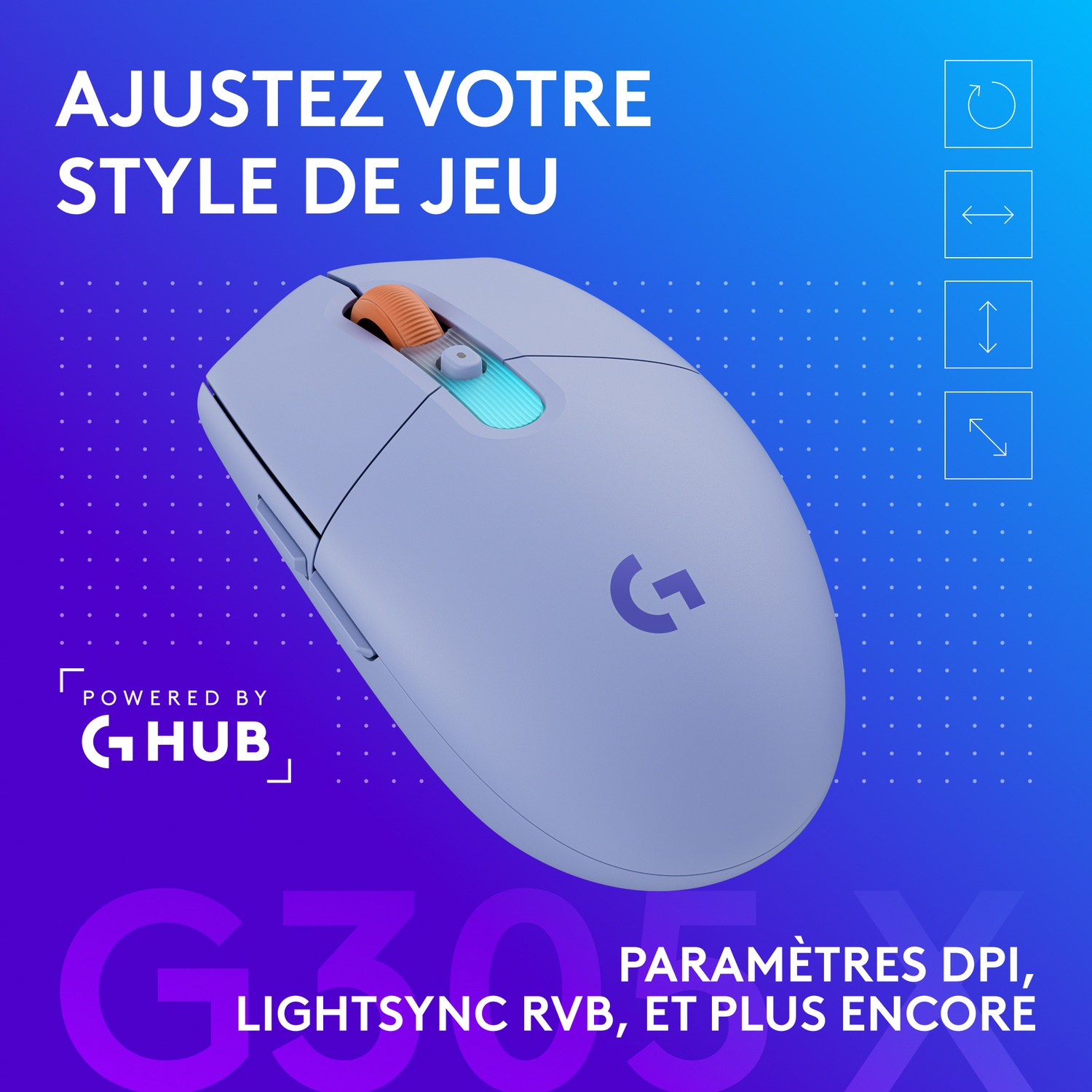 Une souris de jeu Logitech bleu clair sur fond bleu avec texte en français et logo G HUB.