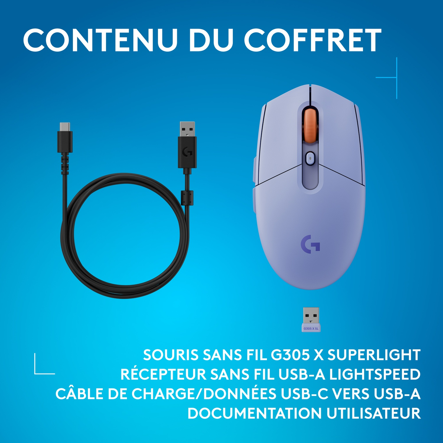 Contenu : souris sans fil bleu clair, récepteur USB-A, câble de charge noir et texte sur fond bleu.