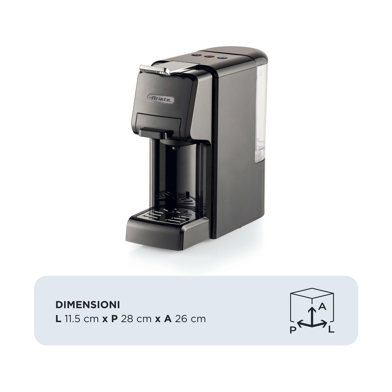 Macchina da caffè nera su fondo bianco con dimensioni 11.5x28x26 cm.