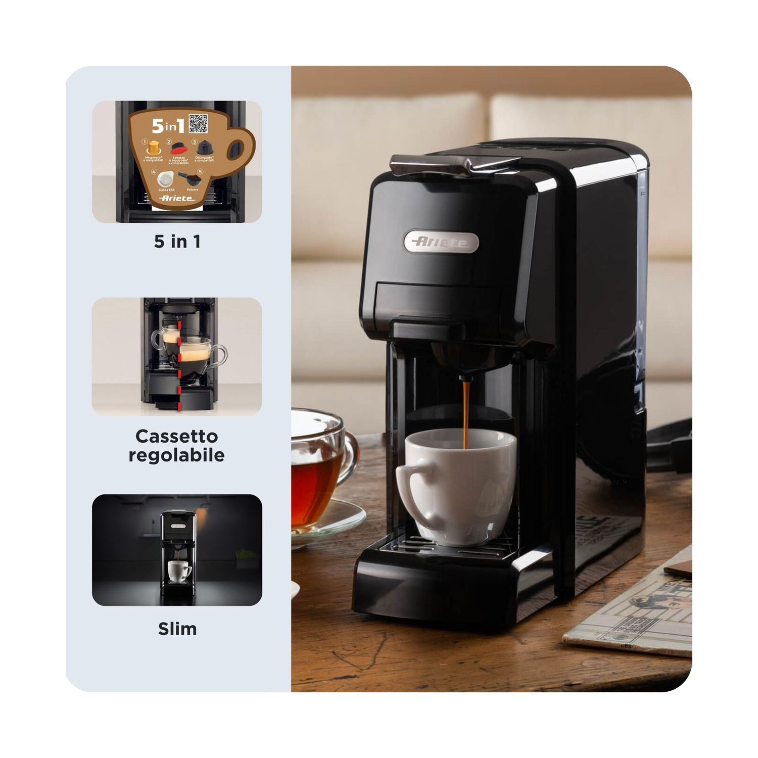 Una macchina da caffè nera Ariete eroga espresso in una tazza bianca su un tavolo in legno, con schemi.