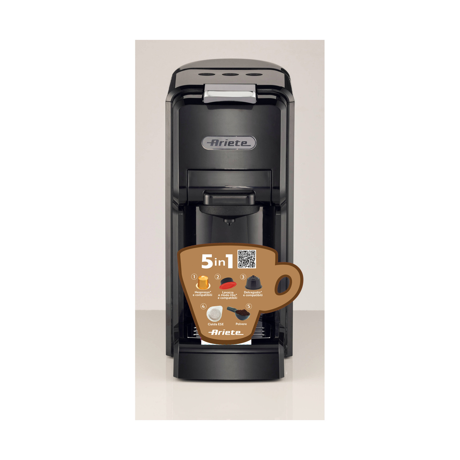 Macchina da caffè nera Ariete 5in1 con cartello per capsule e polvere.