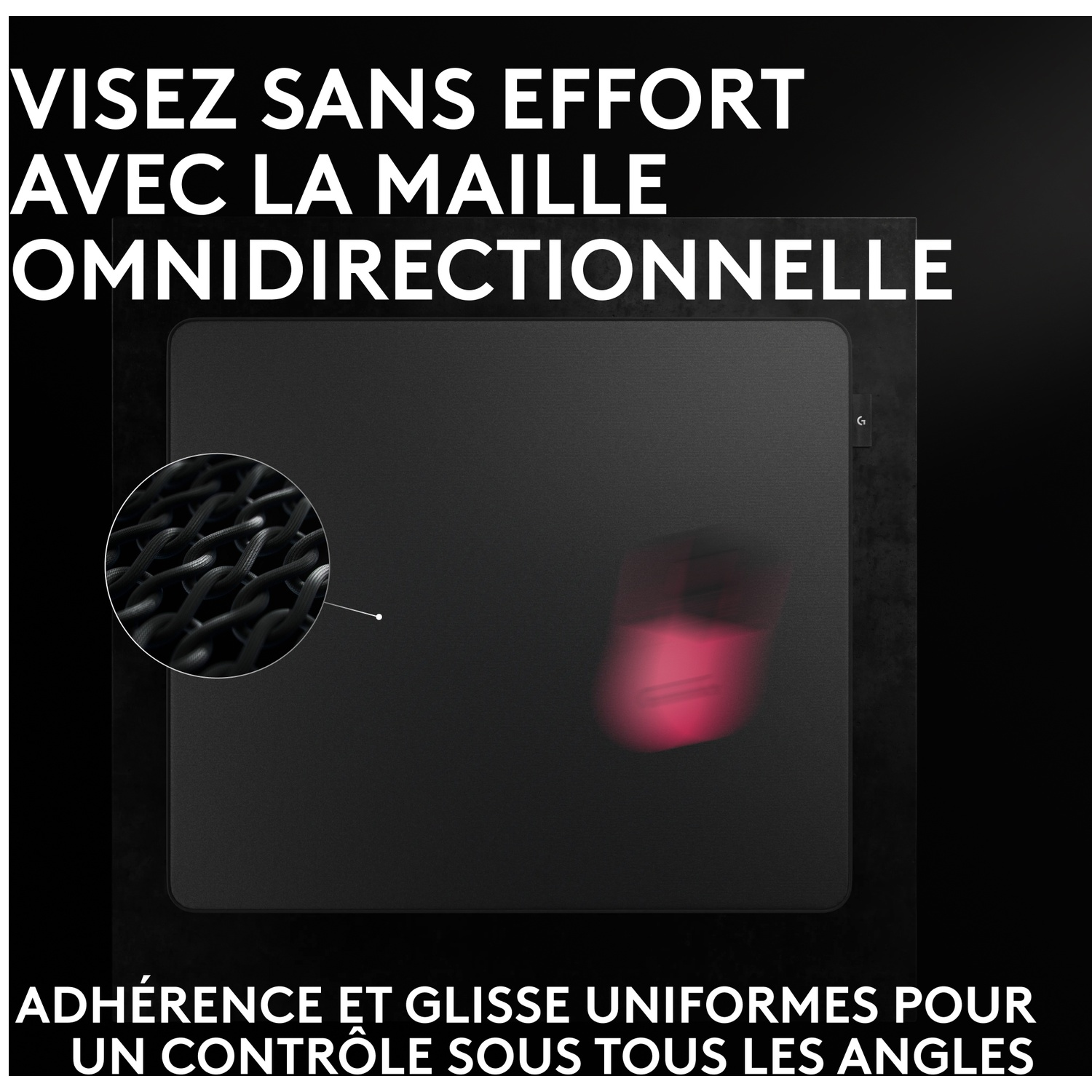 Un tapis de souris noir avec un cercle montrant une maille omnidirectionnelle et une souris rouge en mouvement.