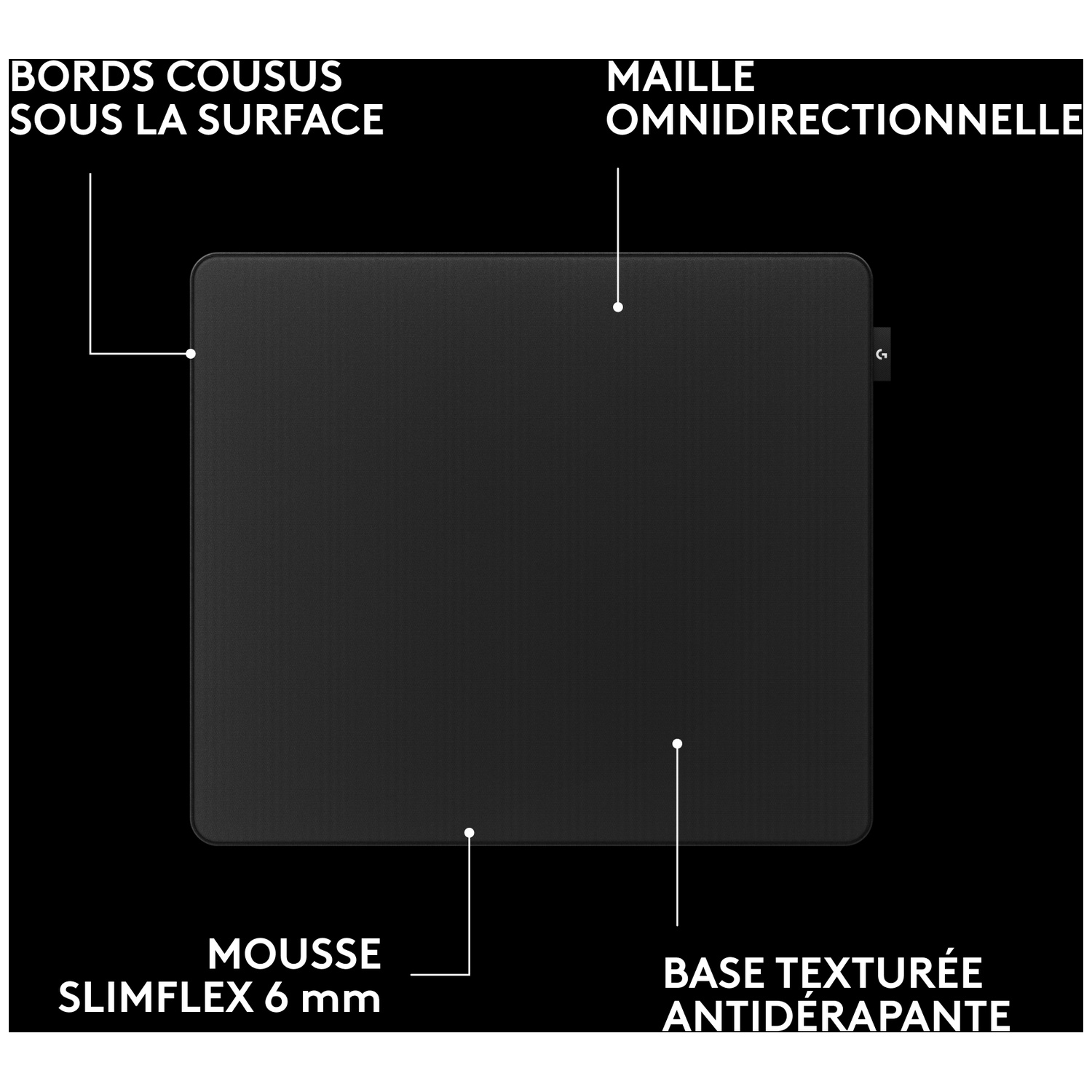 Un tapis de souris noir avec des étiquettes indiquant les bords, la maille, la mousse et la base antidérapante.
