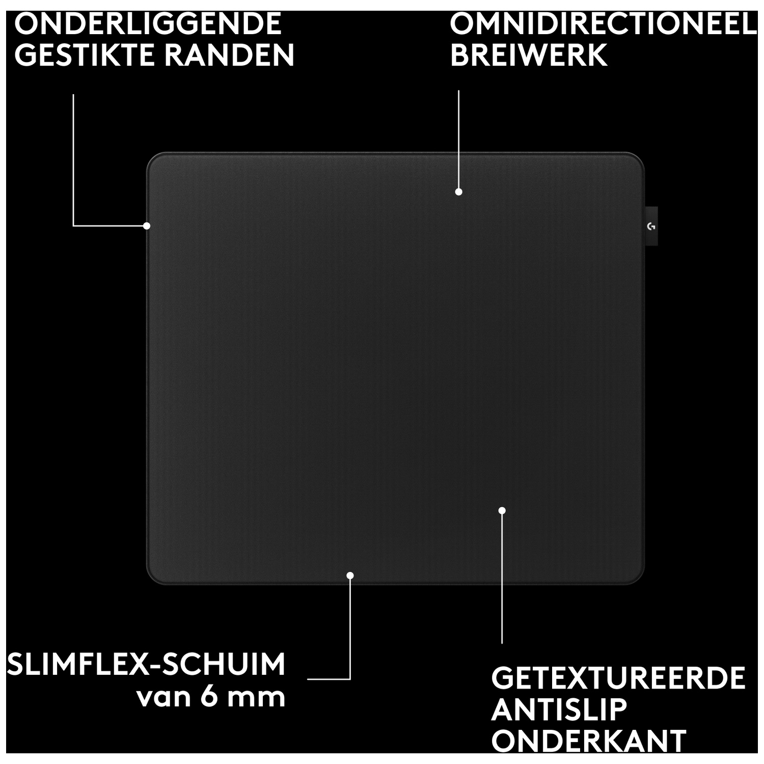 Zwarte muismat met aanduidingen van kenmerken in het Nederlands.