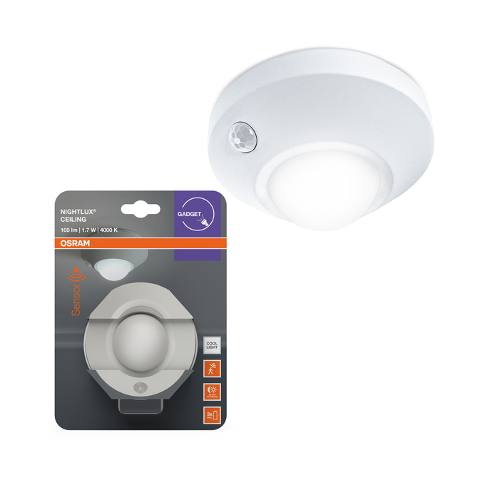 Fehér Osram Nightlux mennyezeti lámpa szenzorral a csomagolásában.
