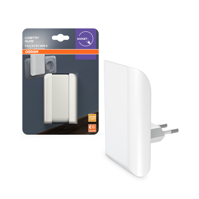 Fehér Osram Lunetta Glow konnektorba dugható éjjeli fény csomagolással.