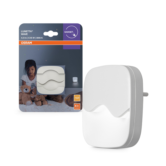 Egy fehér hullámos dizájnú Osram Lunetta Wave LED éjszakai fény a csomagolásával.