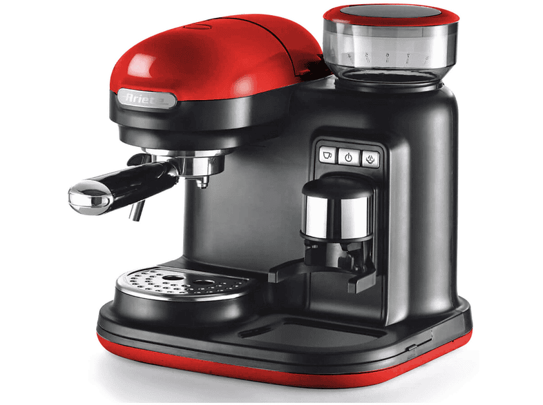 MACCHINA CAFFÈ ESPRESSO ARIETE CAFFE'ESPRESSO CON MACINA, Compatibile con Grani e macinato, Pressione pompa 15 bar, Potenza 1080 W, Serbatoio acqua 0,8 l, Disattivazione automatica, ROSSA/NERA