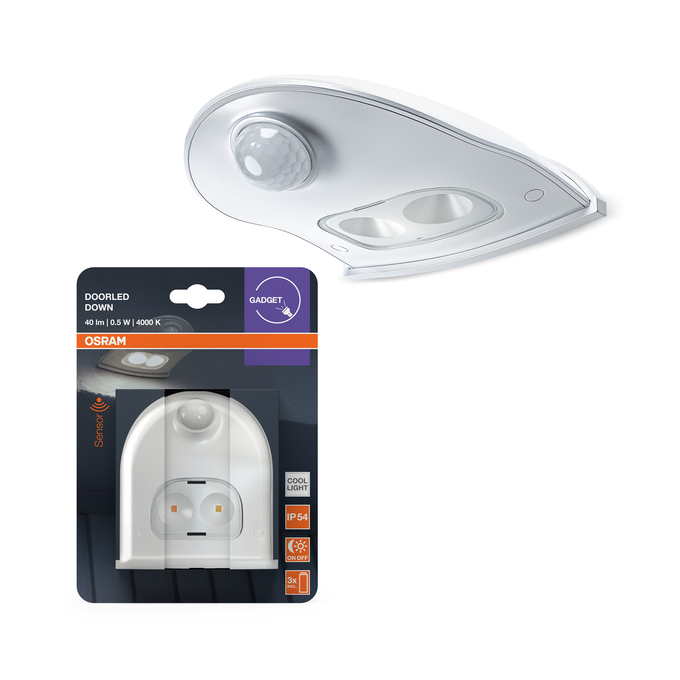 Fehér Osram LED lámpa mozgásérzékelővel és csomagolással.